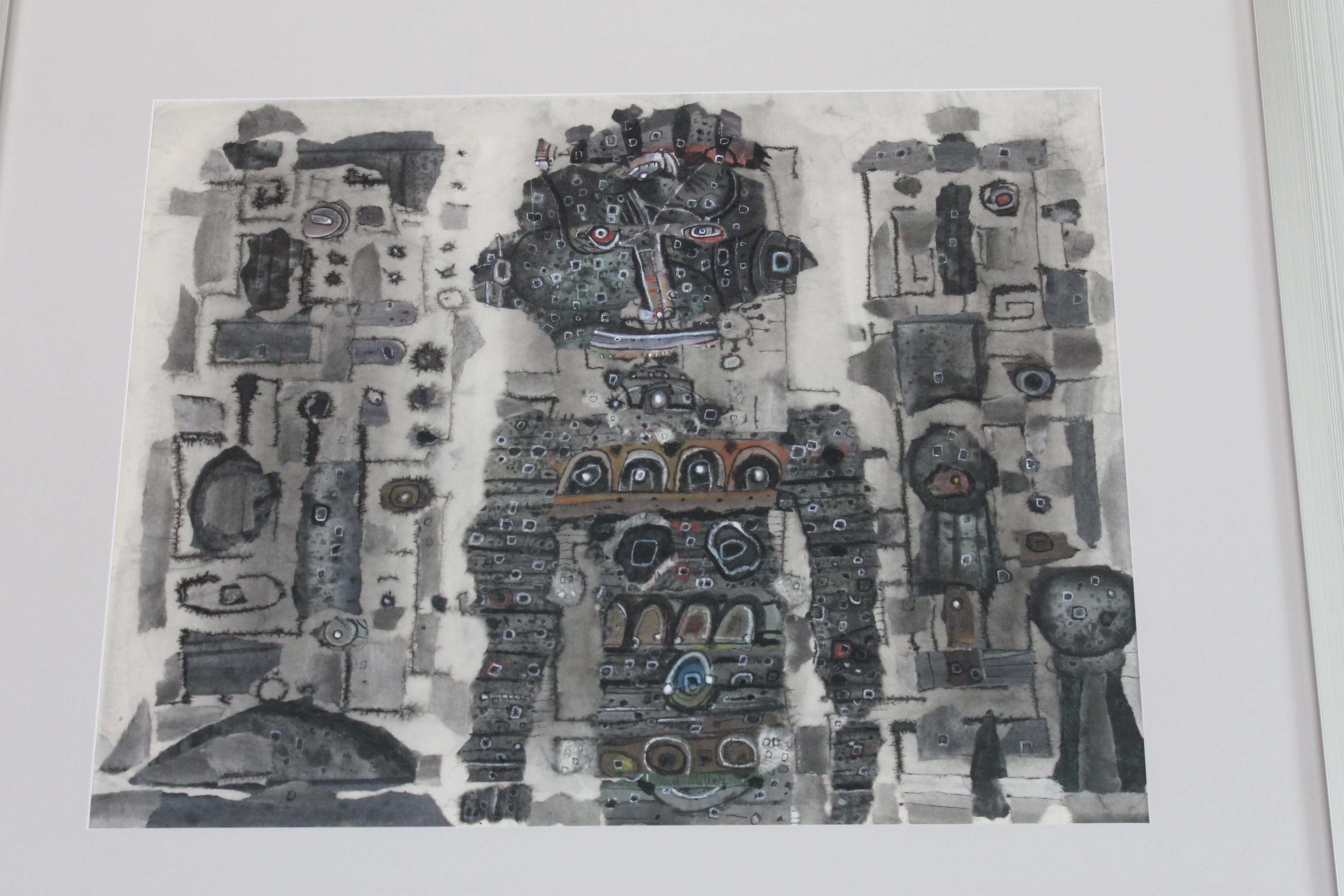 Mixed-media on paper by Dan Miller, mostly shades of grey with blue, red and gold overtones. White highlights on center robot's face give this a tribal feel. Art work size is 18.5
