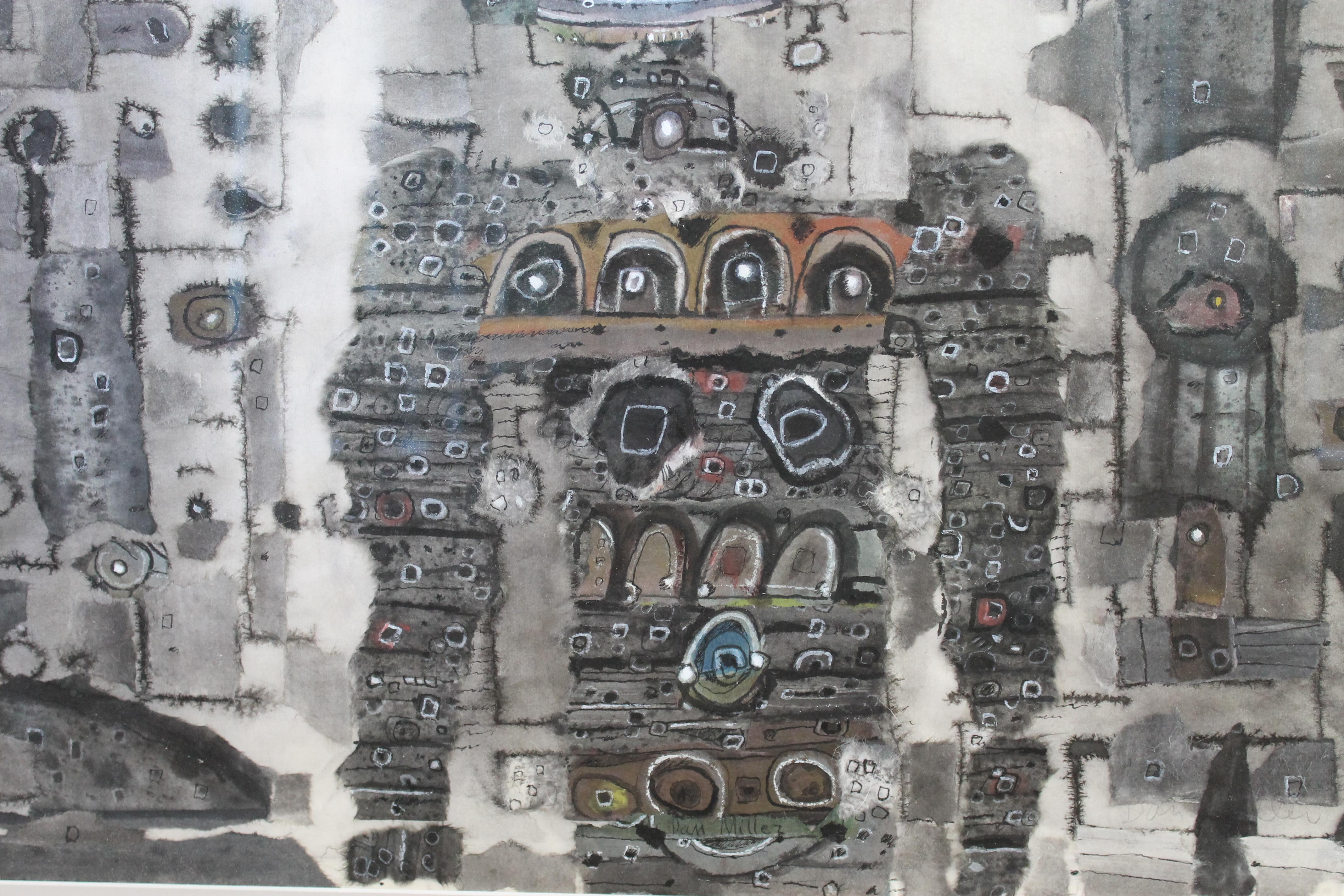 Mid-Century Modern Dan Miller Mixed-Media Painting Tribal Robots For Sale