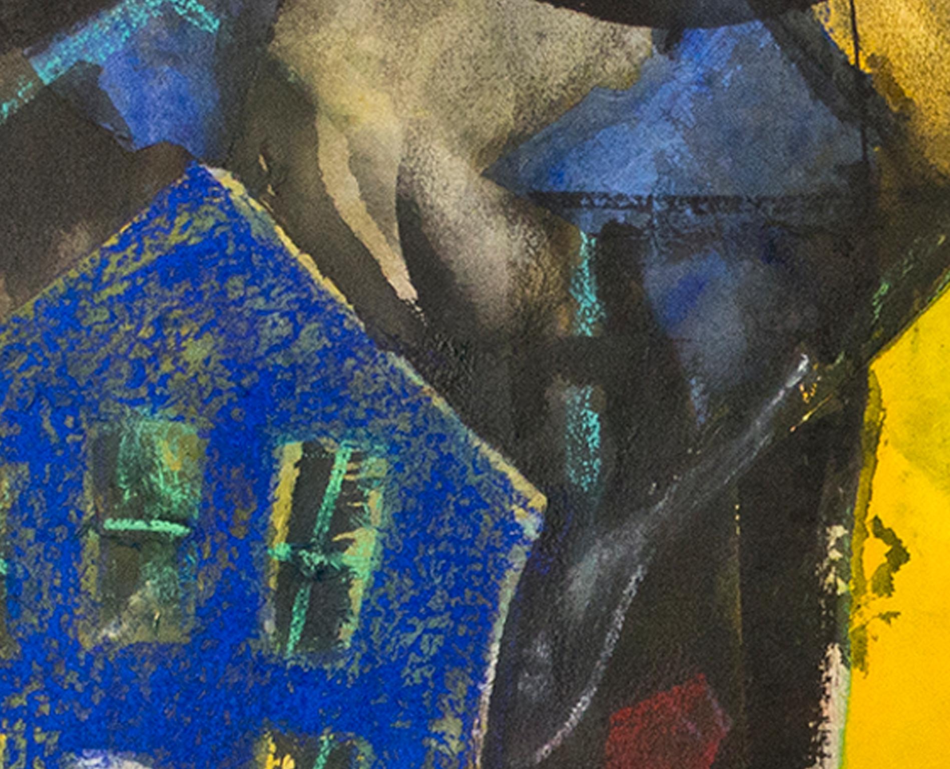 „Houses at Night“, farbenfrohe Mixed Media-Collage auf Papier, signiert von Dan Muller im Angebot 3