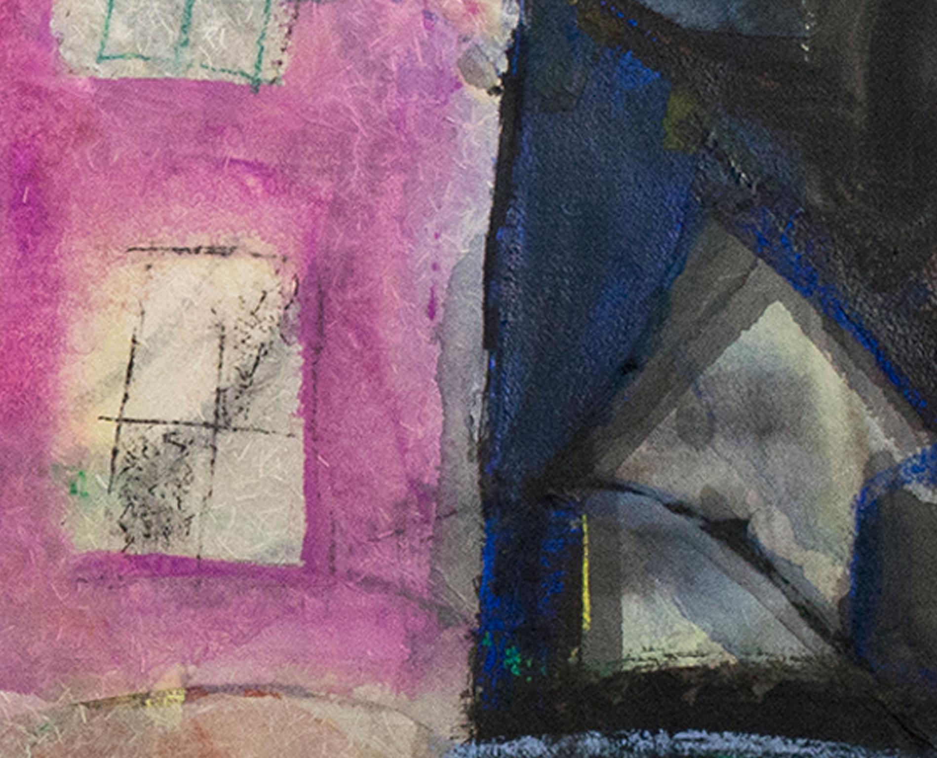 „Houses at Night“, farbenfrohe Mixed Media-Collage auf Papier, signiert von Dan Muller im Angebot 4