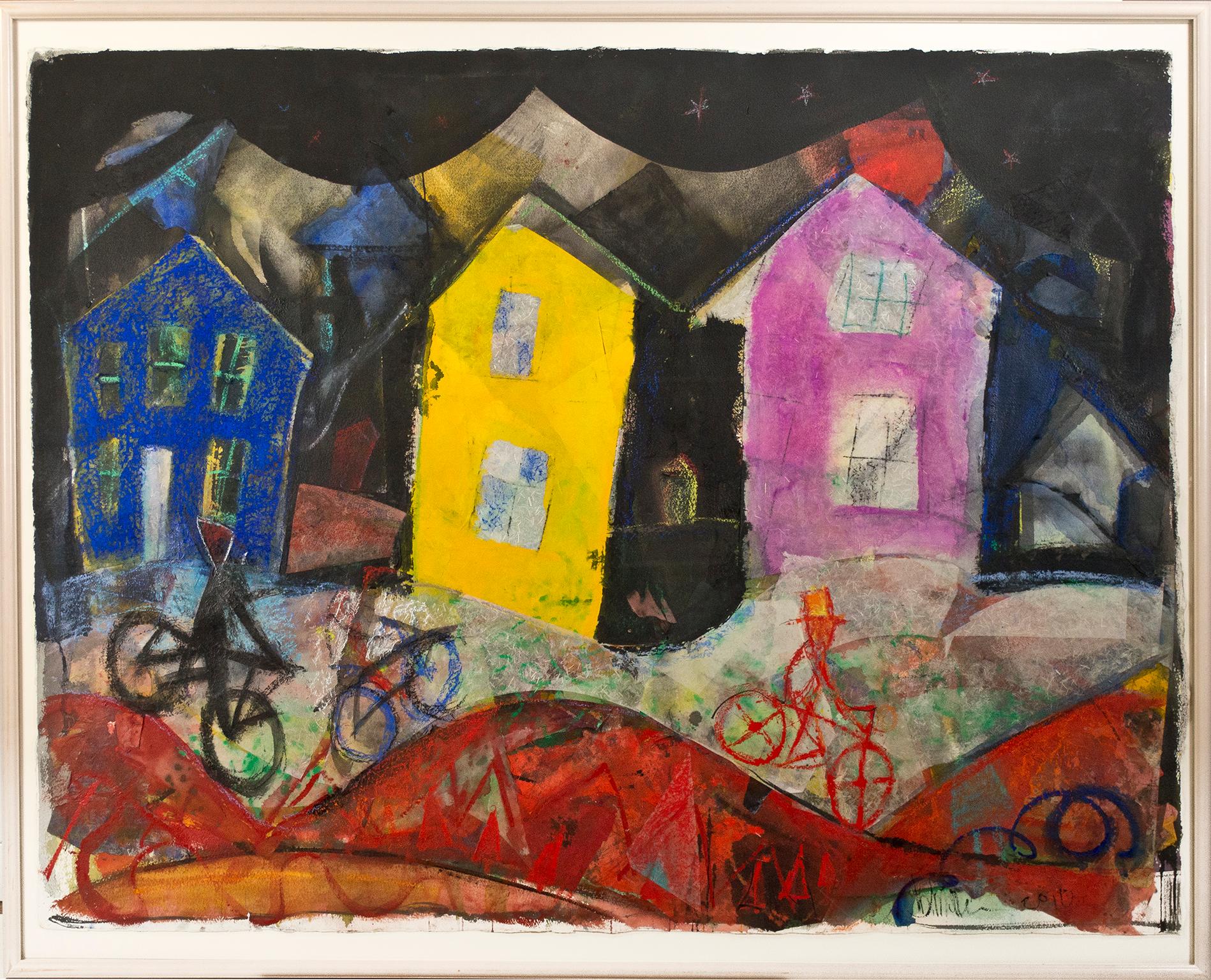„Houses at Night“, farbenfrohe Mixed Media-Collage auf Papier, signiert von Dan Muller im Angebot 5