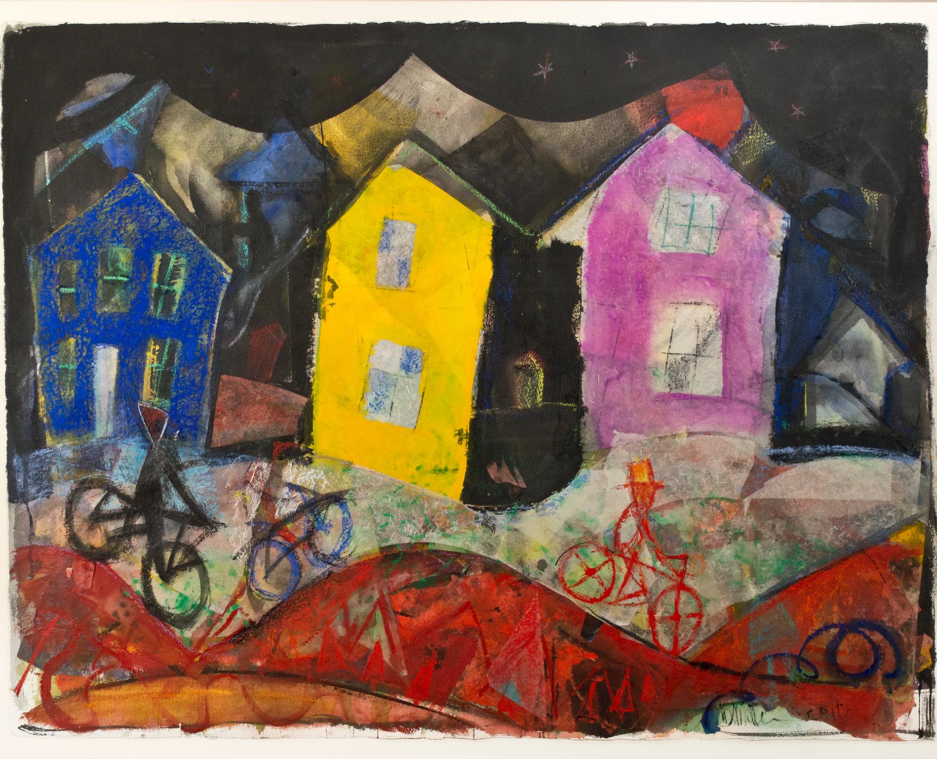 "Houses at Night ", collage coloré en techniques mixtes sur papier signé par Dan Muller.