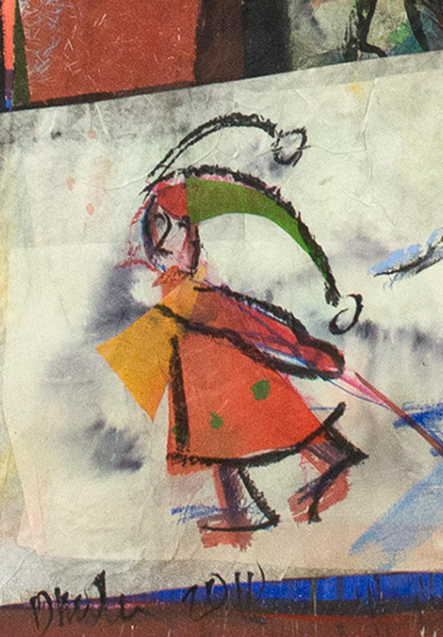 „Sledding by the Big Tree“, farbenfrohes Gemälde in Mischtechnik von Dan Muller im Angebot 1