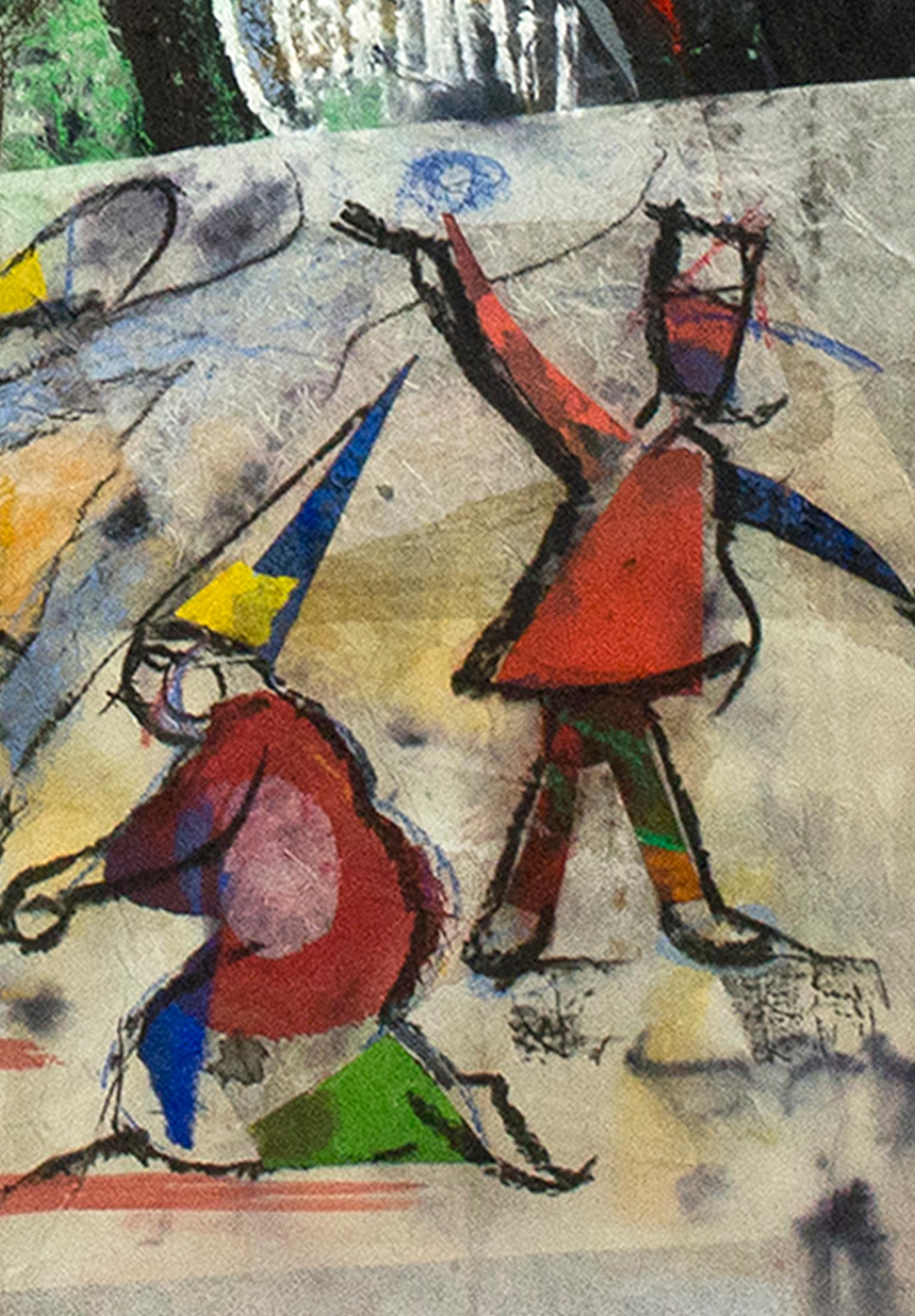 „Sledding by the Big Tree“, farbenfrohes Gemälde in Mischtechnik von Dan Muller im Angebot 2