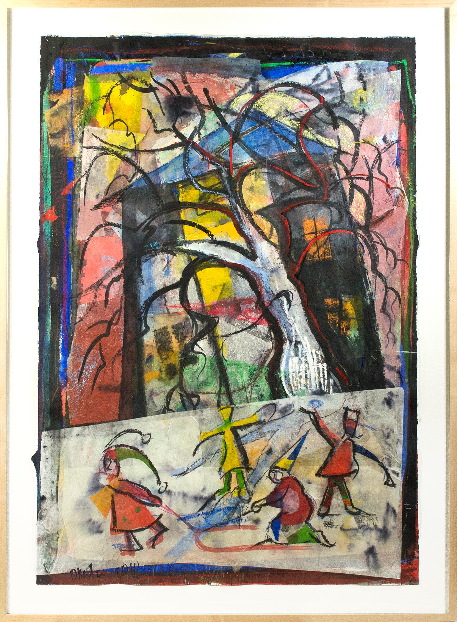 „Sledding by the Big Tree“, farbenfrohes Gemälde in Mischtechnik von Dan Muller im Angebot 5