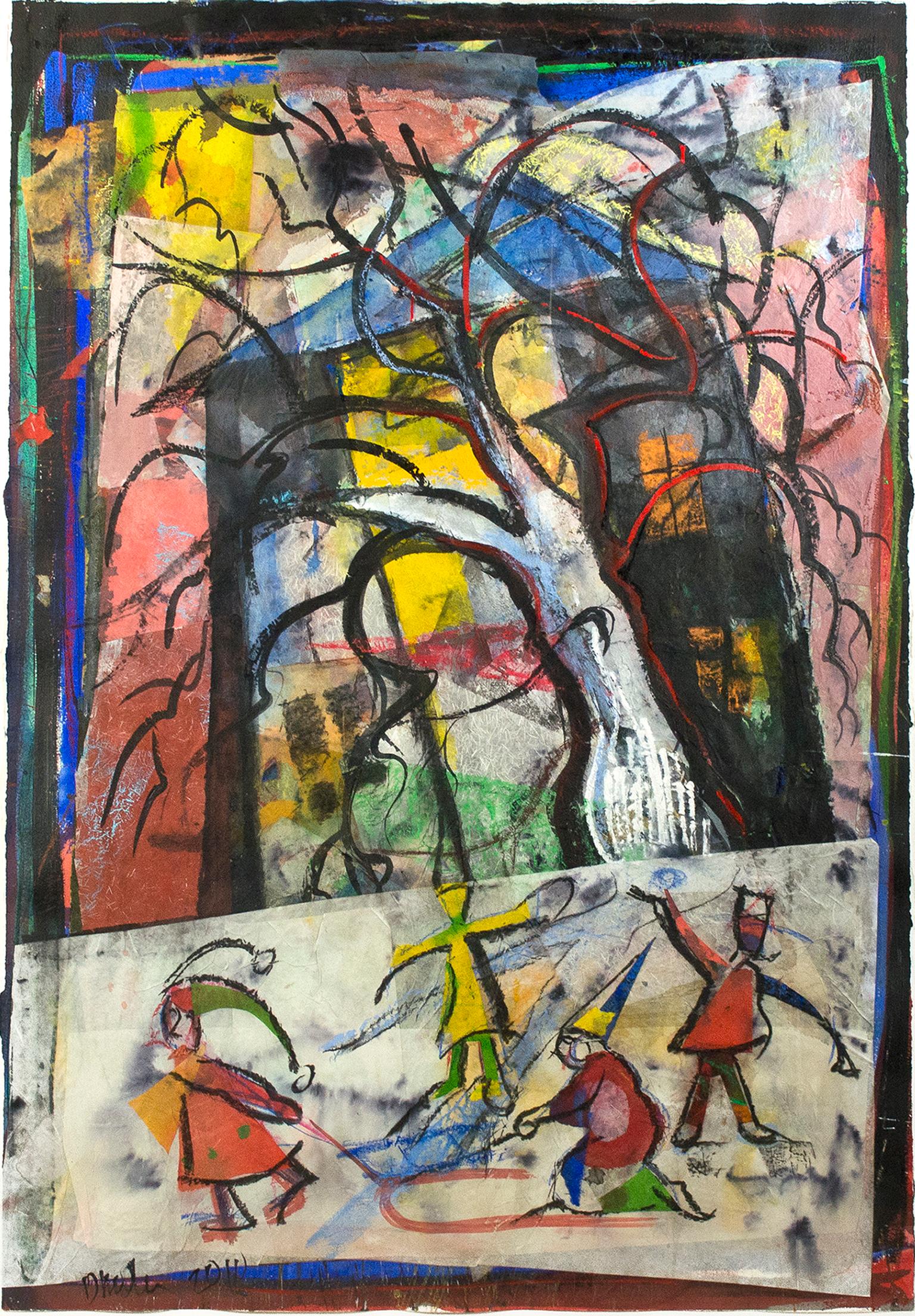 "Sledding by the Big Tree" ist ein Originalwerk in Mischtechnik von Dan Muller. Der Künstler hat für dieses farbenfrohe Werk geschnittenes und geklebtes Papier, Aquarellfarben und Pastellkreide verwendet. Der Künstler hat das Werk unten links