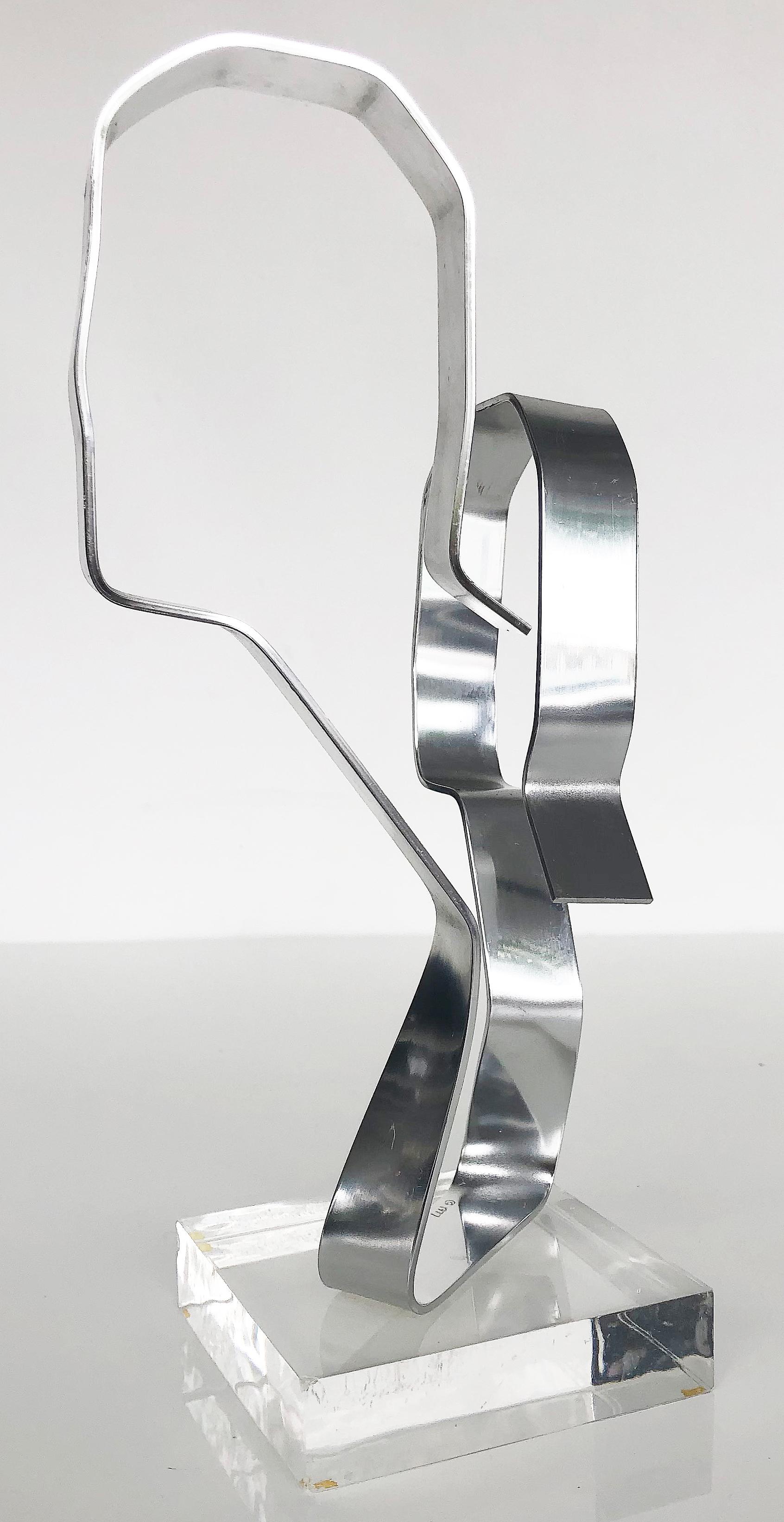 American Dan Murphy Abstract Aluminum Free-form Sculpture on Lucite, Signed & Dated 1977