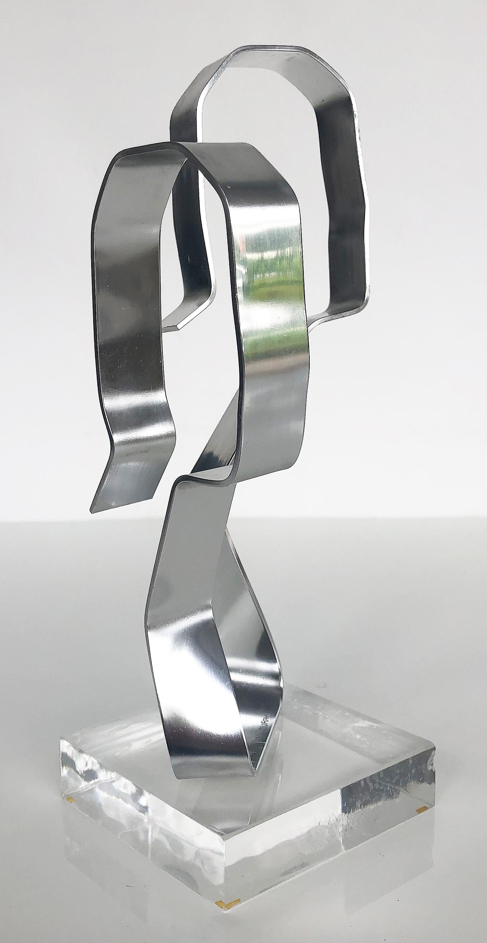 Polished Dan Murphy Abstract Aluminum Free-form Sculpture on Lucite, Signed & Dated 1977