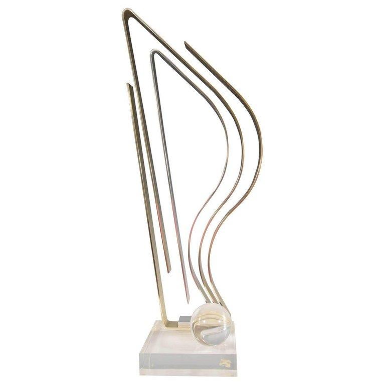 Dan Murphy Kinetic Flame Sculpture in Brass and Chrome on Lucite Base For Sale