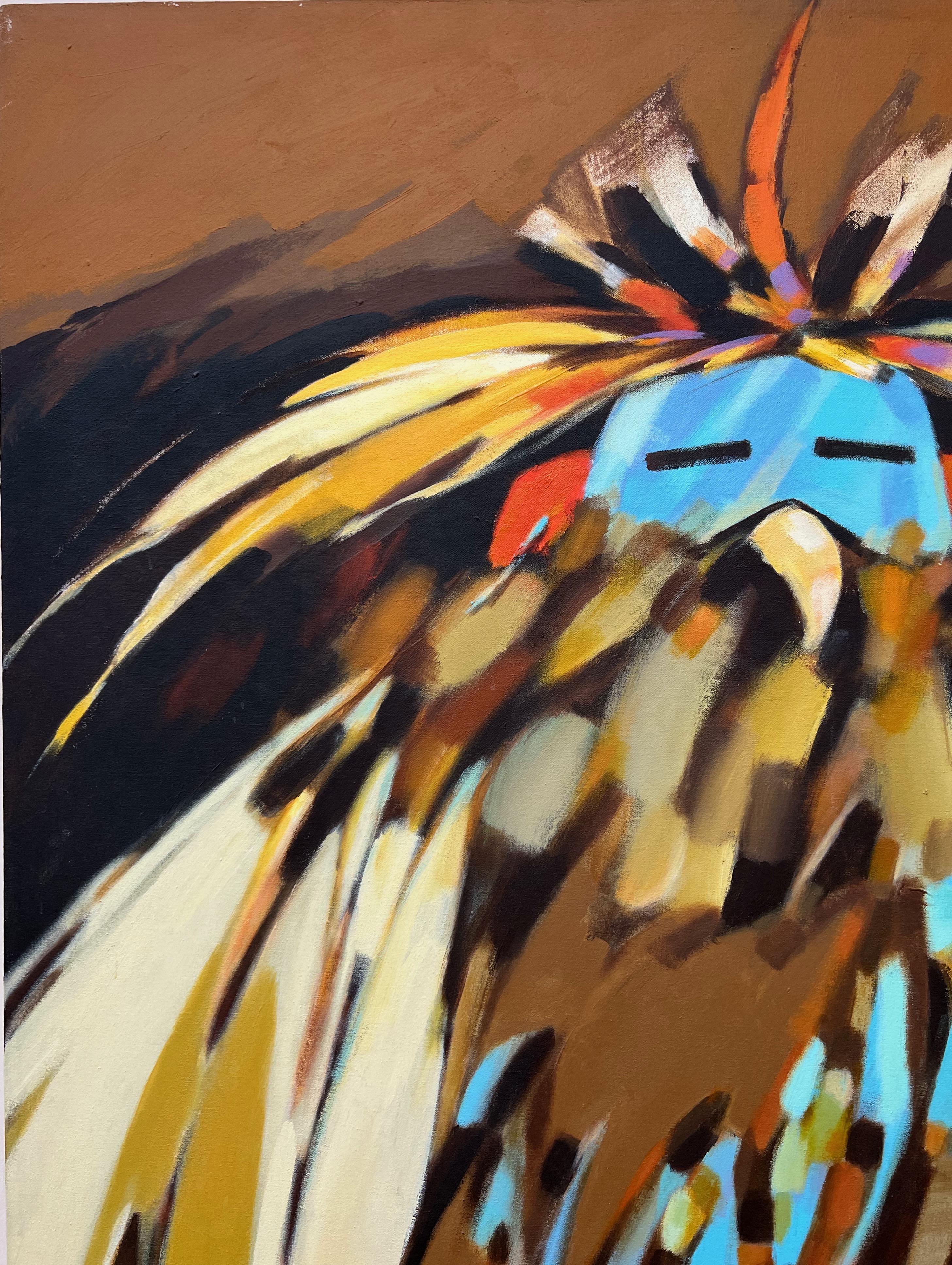 Peinture Eagle Kachina de Dan Namingha, verticale, marron, rouge, noir, turquoise en vente 1