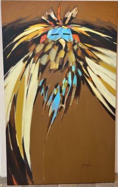 Vintage Eagle Kachina, painting, by Dan Namingha, vertical, brown, red, black, turquoise
