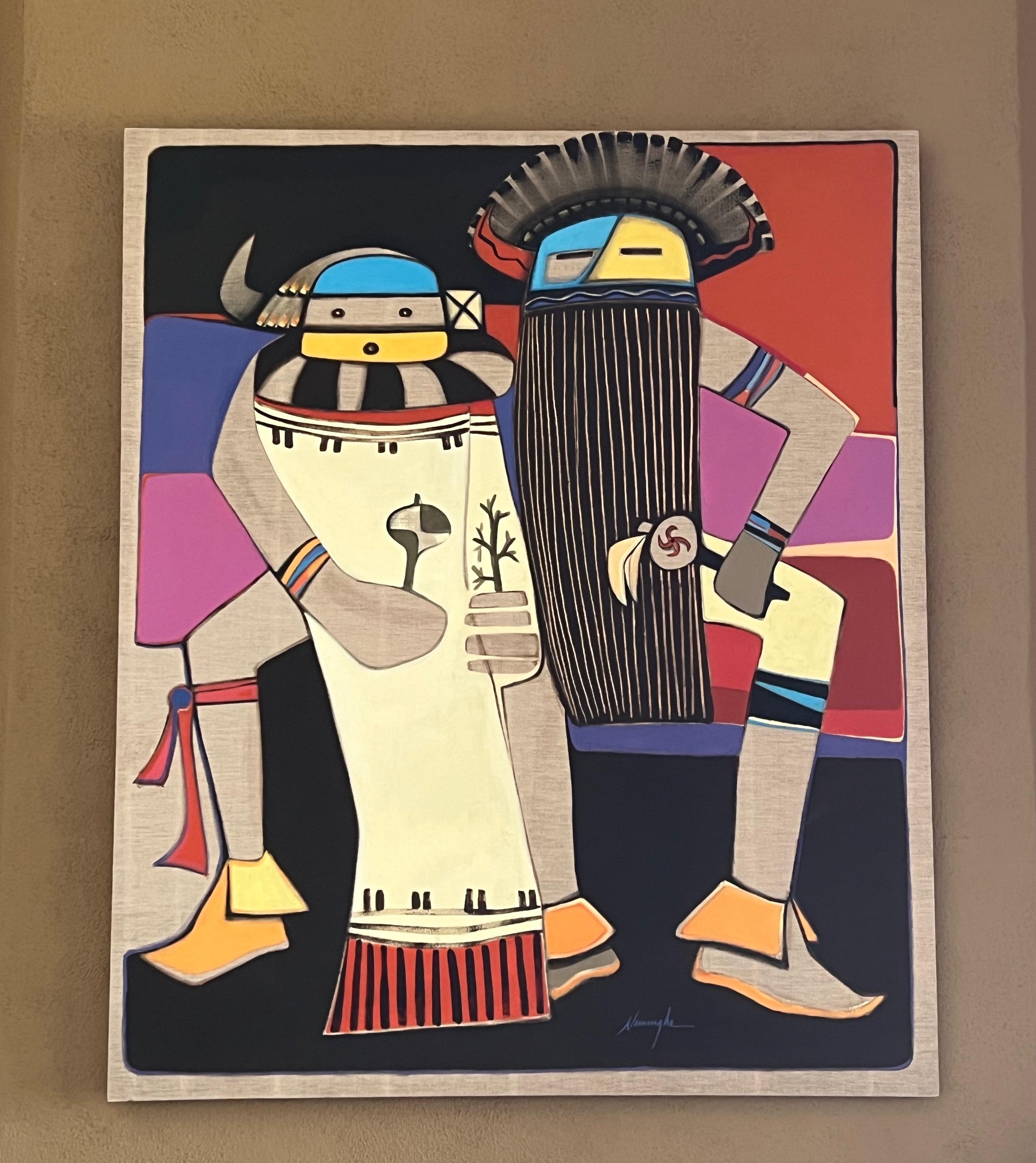Quadro "Due Kachinas" di Dan Namingha, Katsina, Hopi, grande, tela, originale in vendita 1