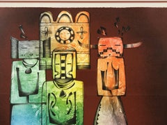Images anciennes, lithographie en couleur de Dan Namingha, Hopi Kachinas, Katsina, bleu