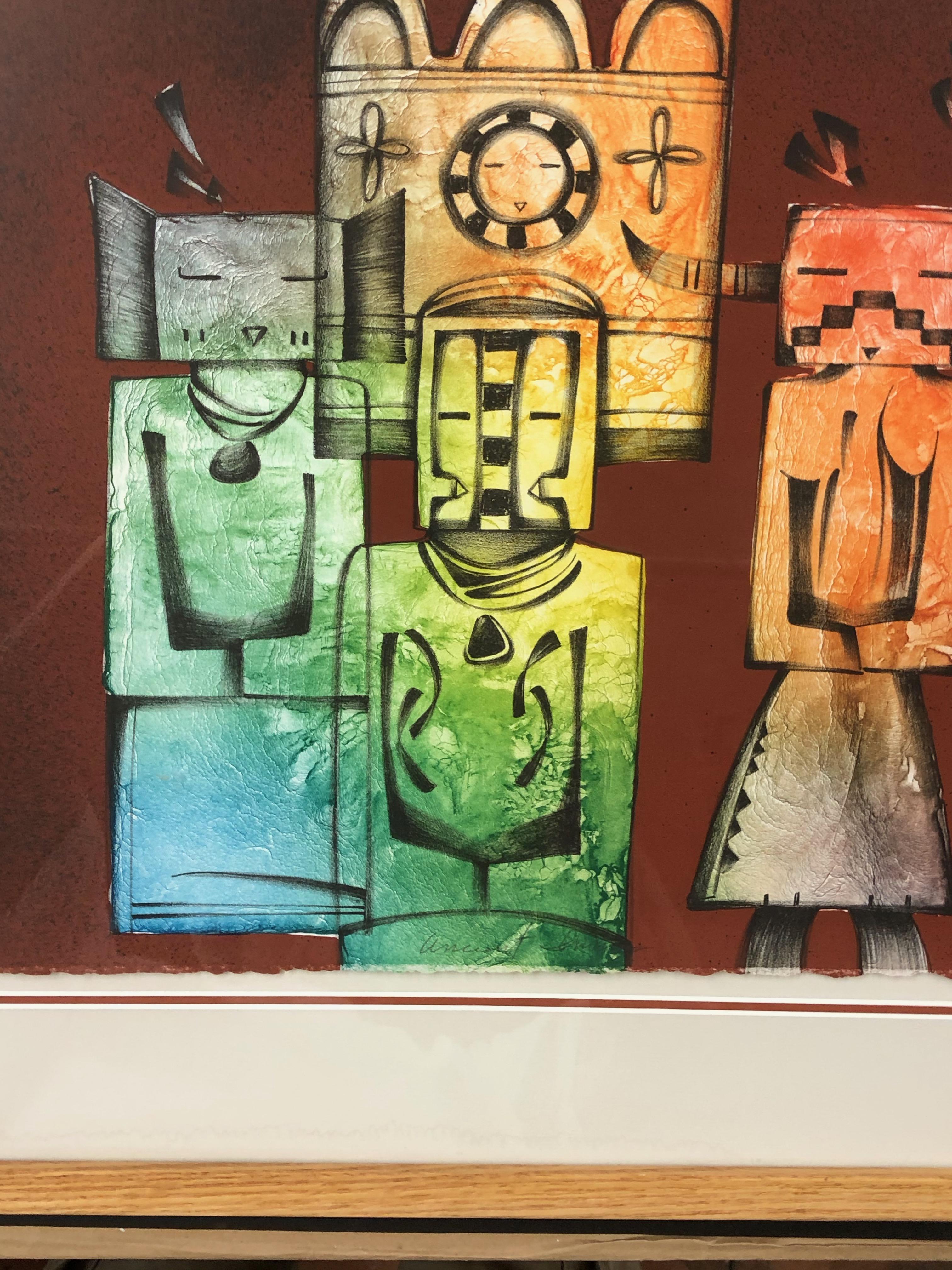 Ancient Images, color lithograph by Dan Namingha, Hopi Kachinas, katsina, blue