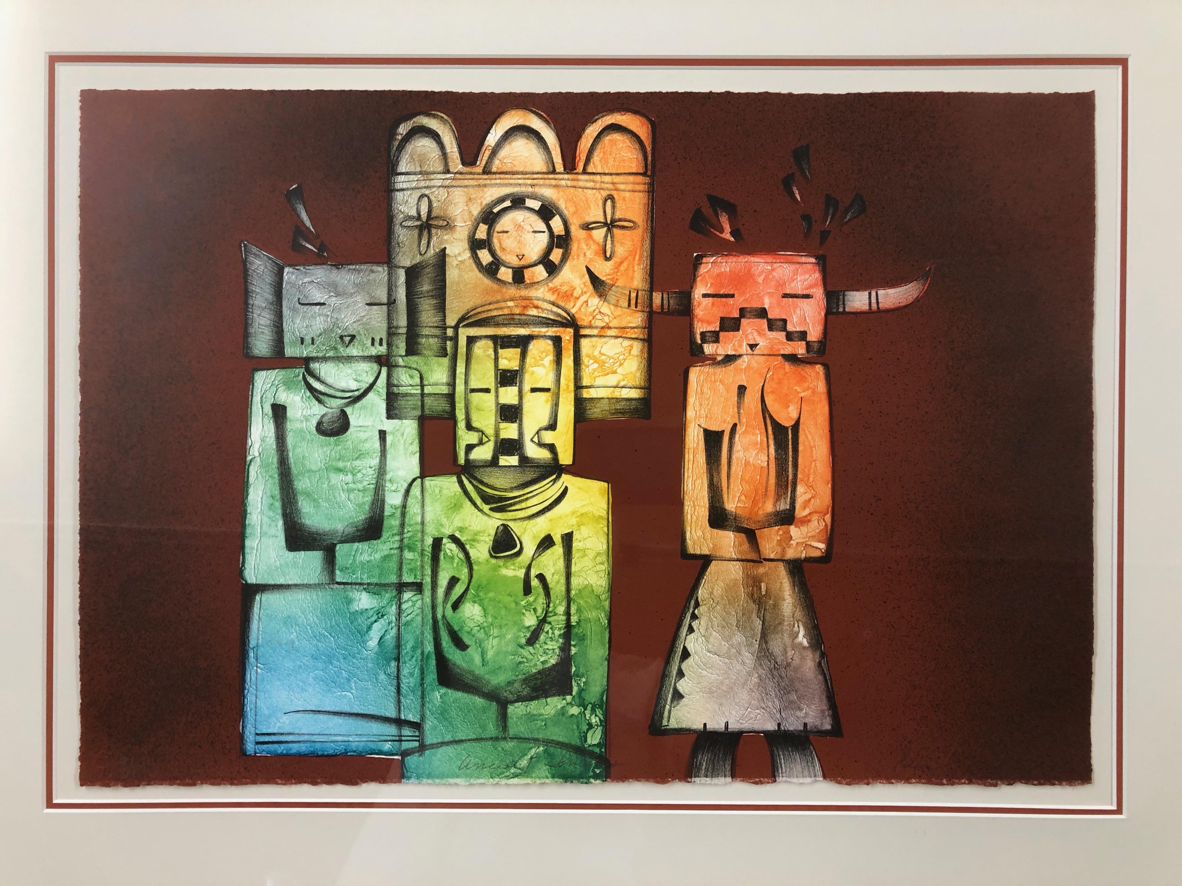 Ancient Images, lithographie en couleur de Dan Namingha, Hopi Kachinas, katsina, bleu