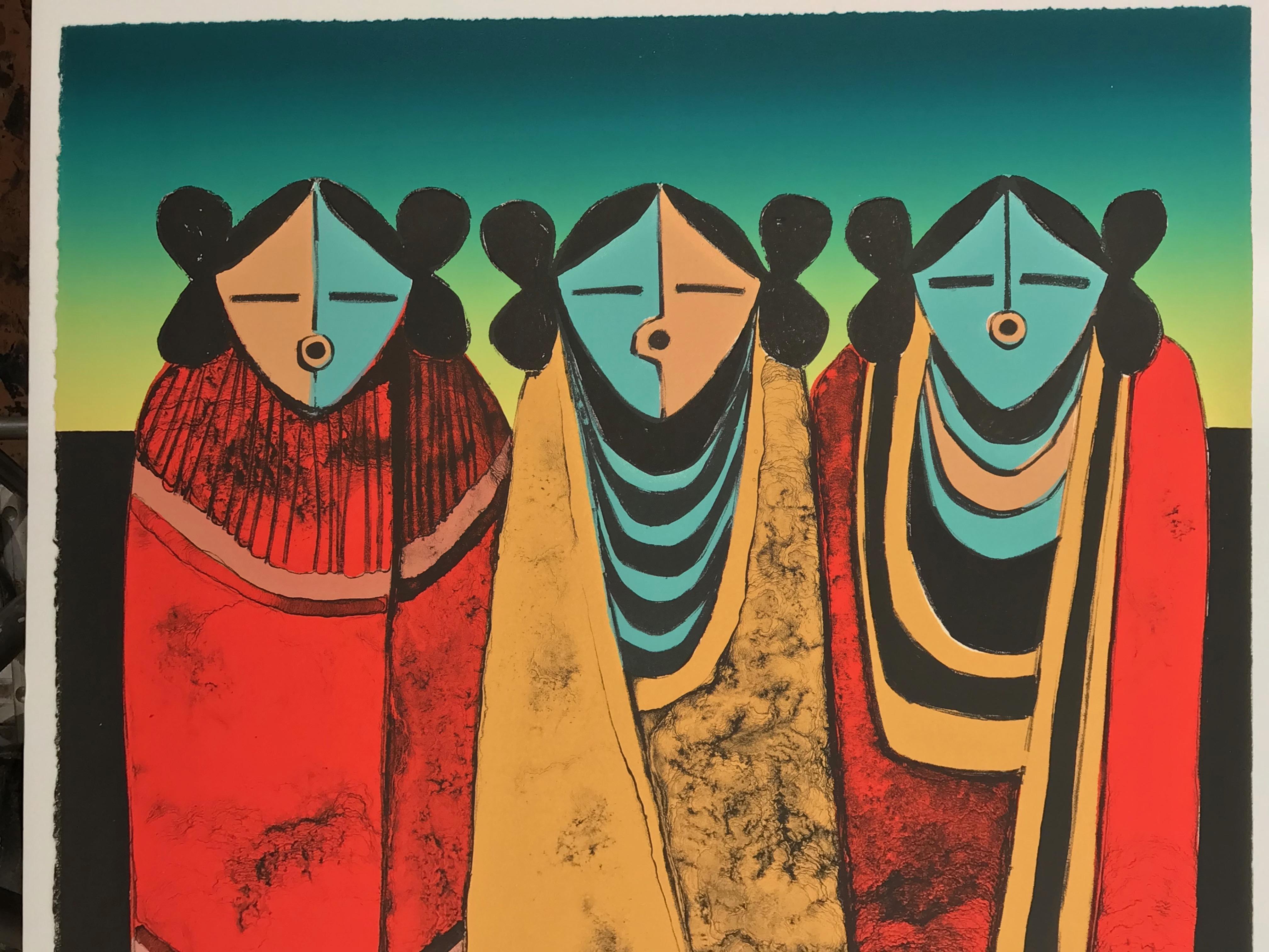Evening Singers, limited edition color lithograph, kachinas, katsina, Hopi, red - Print by Dan Namingha