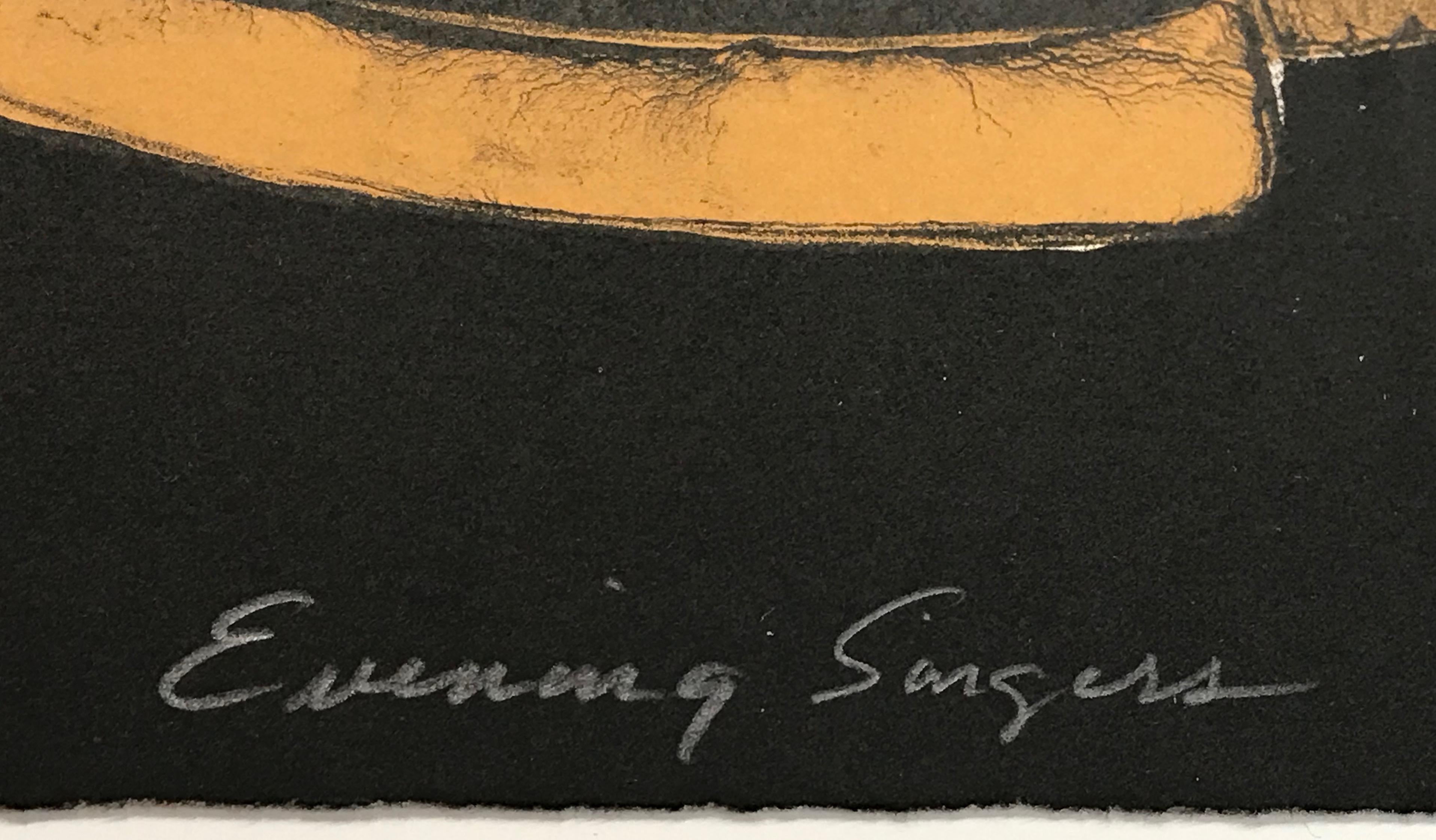 Cantanti della sera, litografia a colori in edizione limitata, kachinas, katsina, Hopi, rosso - Abstract Print Nero di Dan Namingha