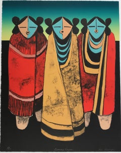 Evening Singers, limited edition color lithograph, kachinas, katsina, Hopi, red