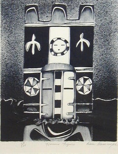 Hemis-Figur von Dan Namingha Hopi, Kachina katsina, schwarze und weiße Lithographie ed