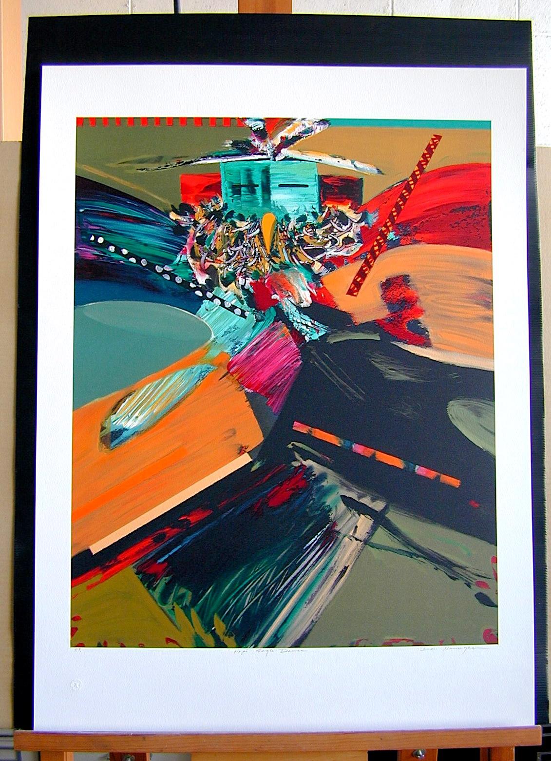 HOPI EAGLE DANCE Signed Lithograph, Native American, Abstract Ceremonial Dancer - Beige Abstract Print by Dan Namingha