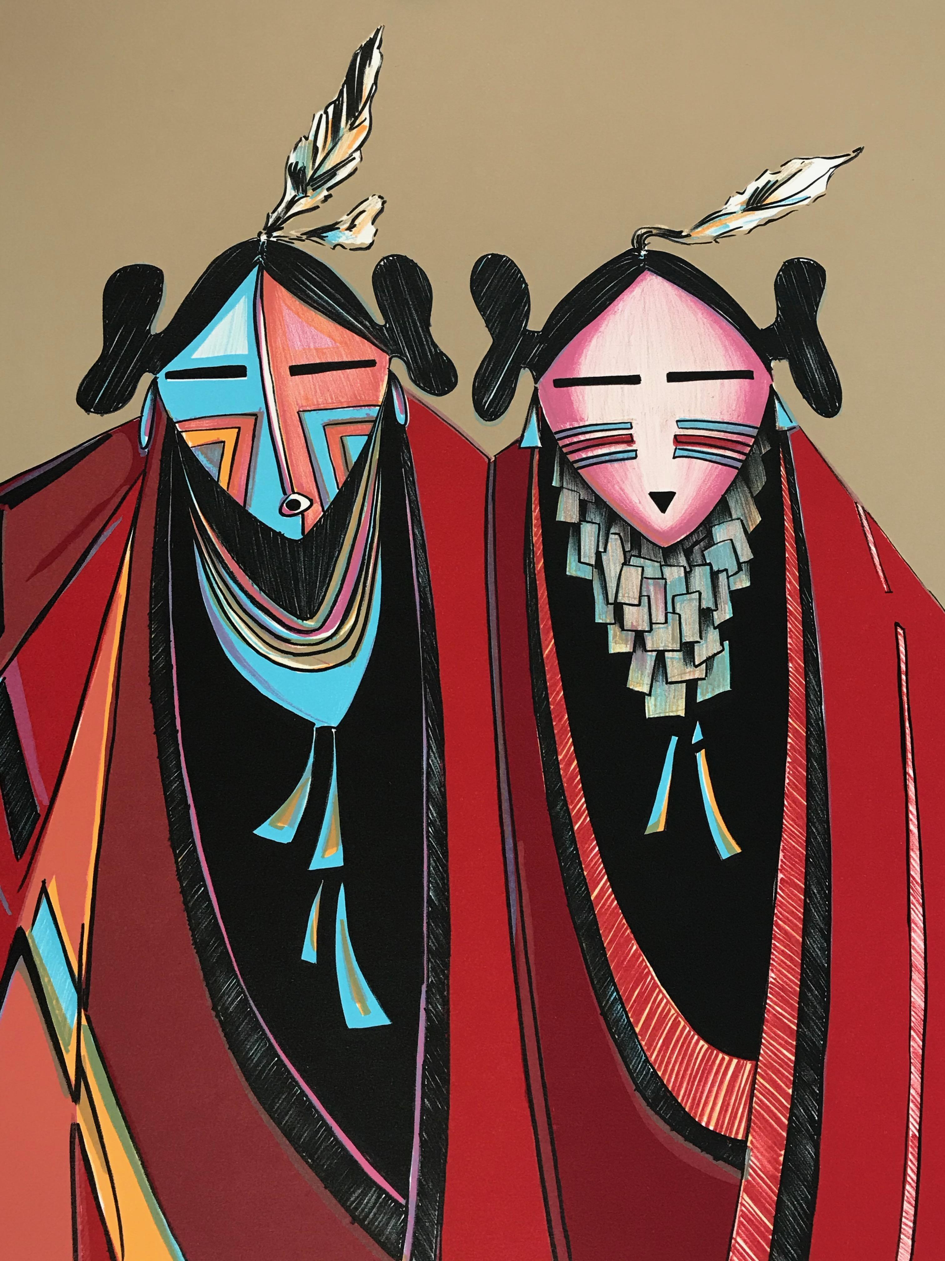Maiden Singers, limited edition lithograph, Hopi Kachina, female figures, red - Print by Dan Namingha