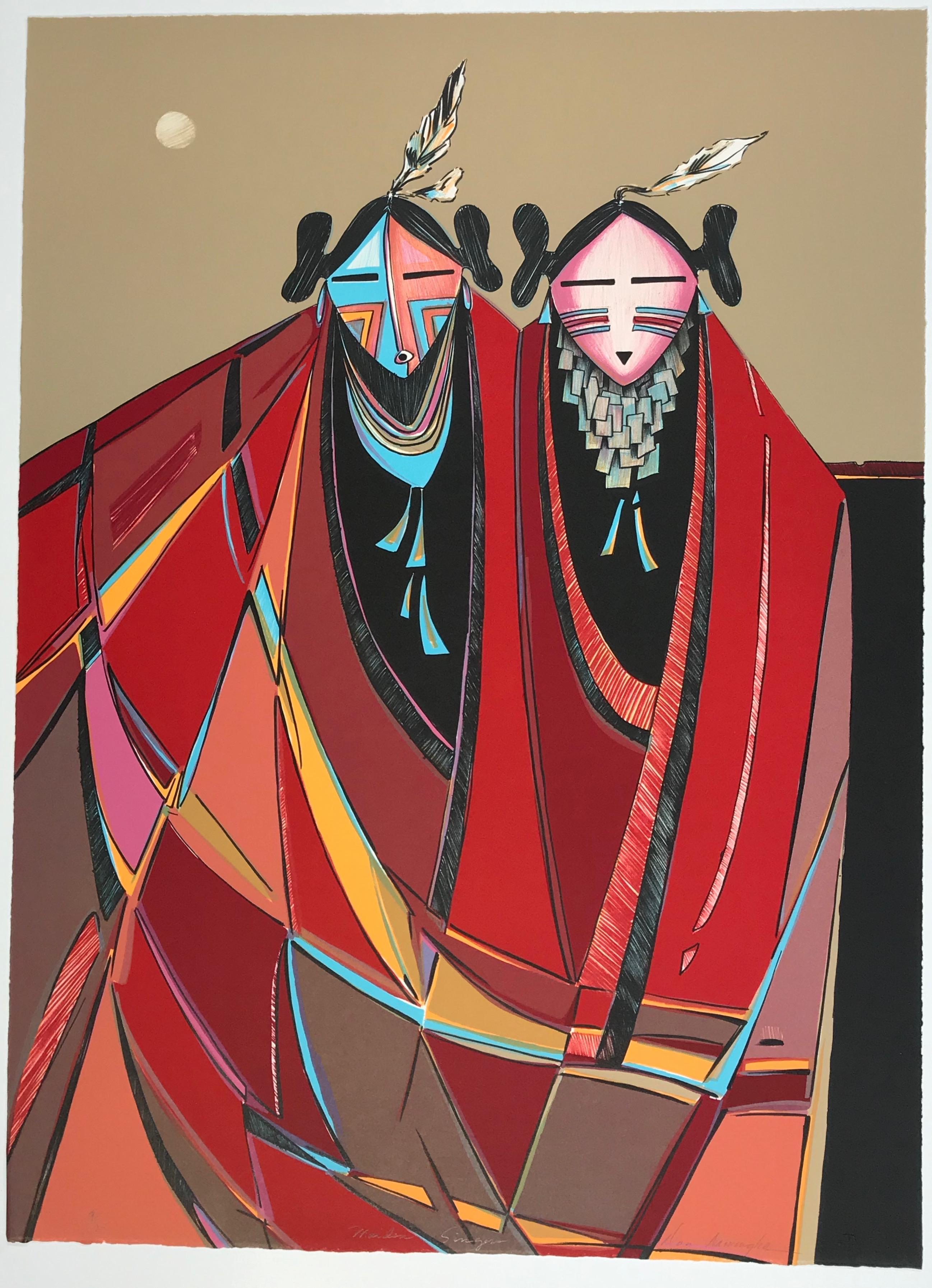 Dan Namingha Figurative Print - Maiden Singers, limited edition lithograph, Hopi Kachina, female figures, red