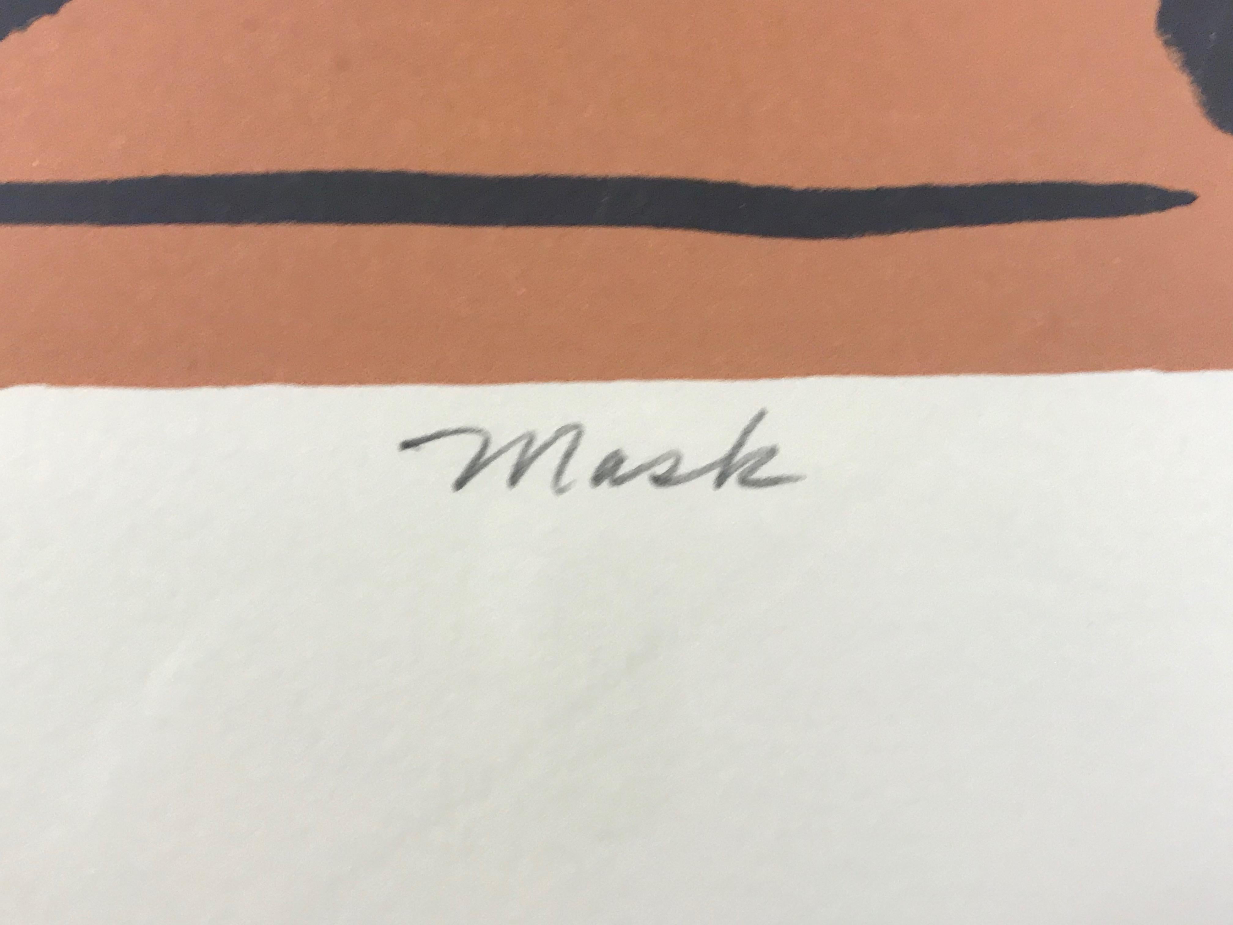 Masque, lithographie en édition limitée, Hopi, kachina, couleur, beige, pêche, non encadrée - Beige Abstract Print par Dan Namingha