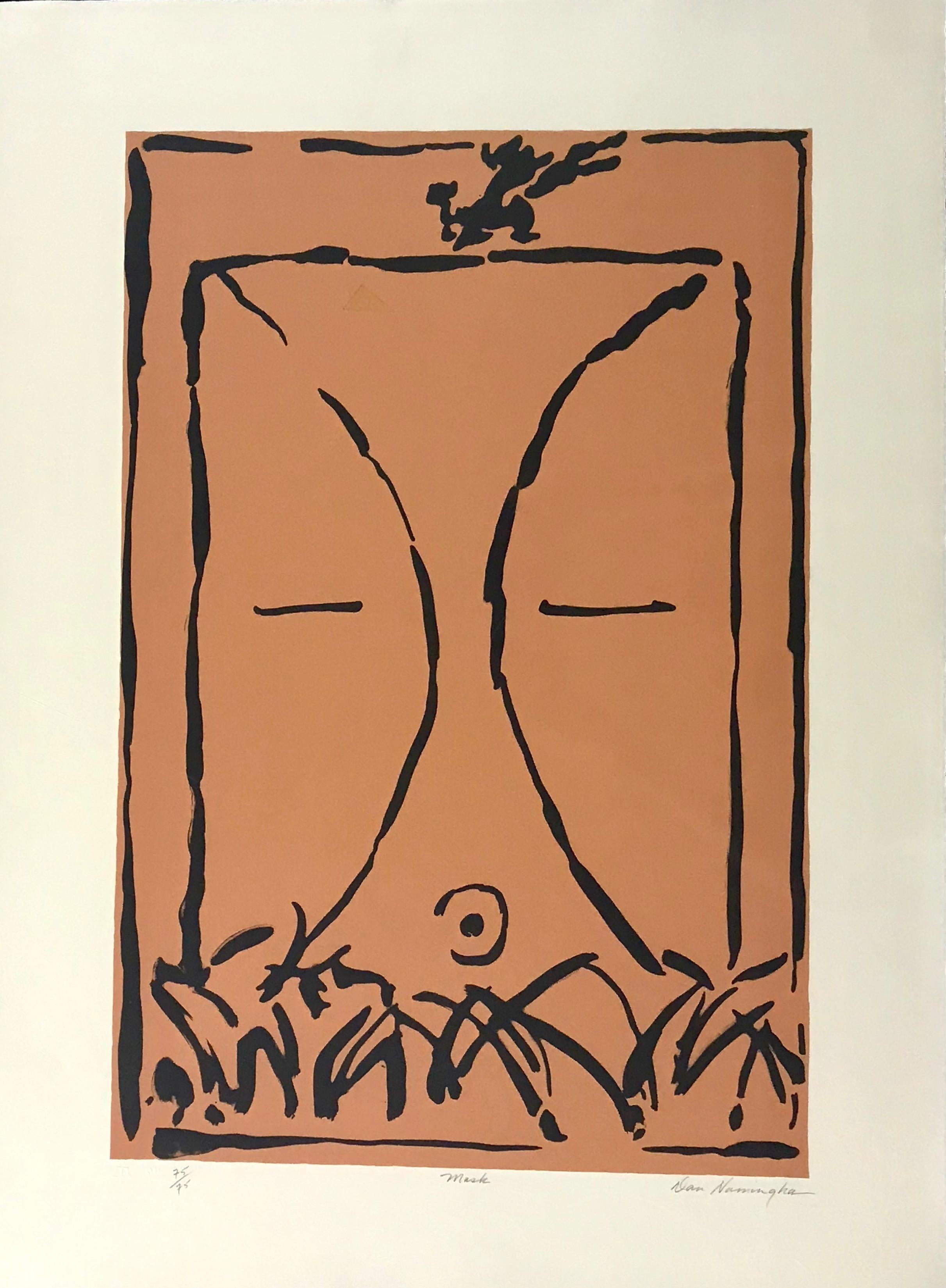 Abstract Print Dan Namingha - Masque, lithographie en édition limitée, Hopi, kachina, couleur, beige, pêche, non encadrée