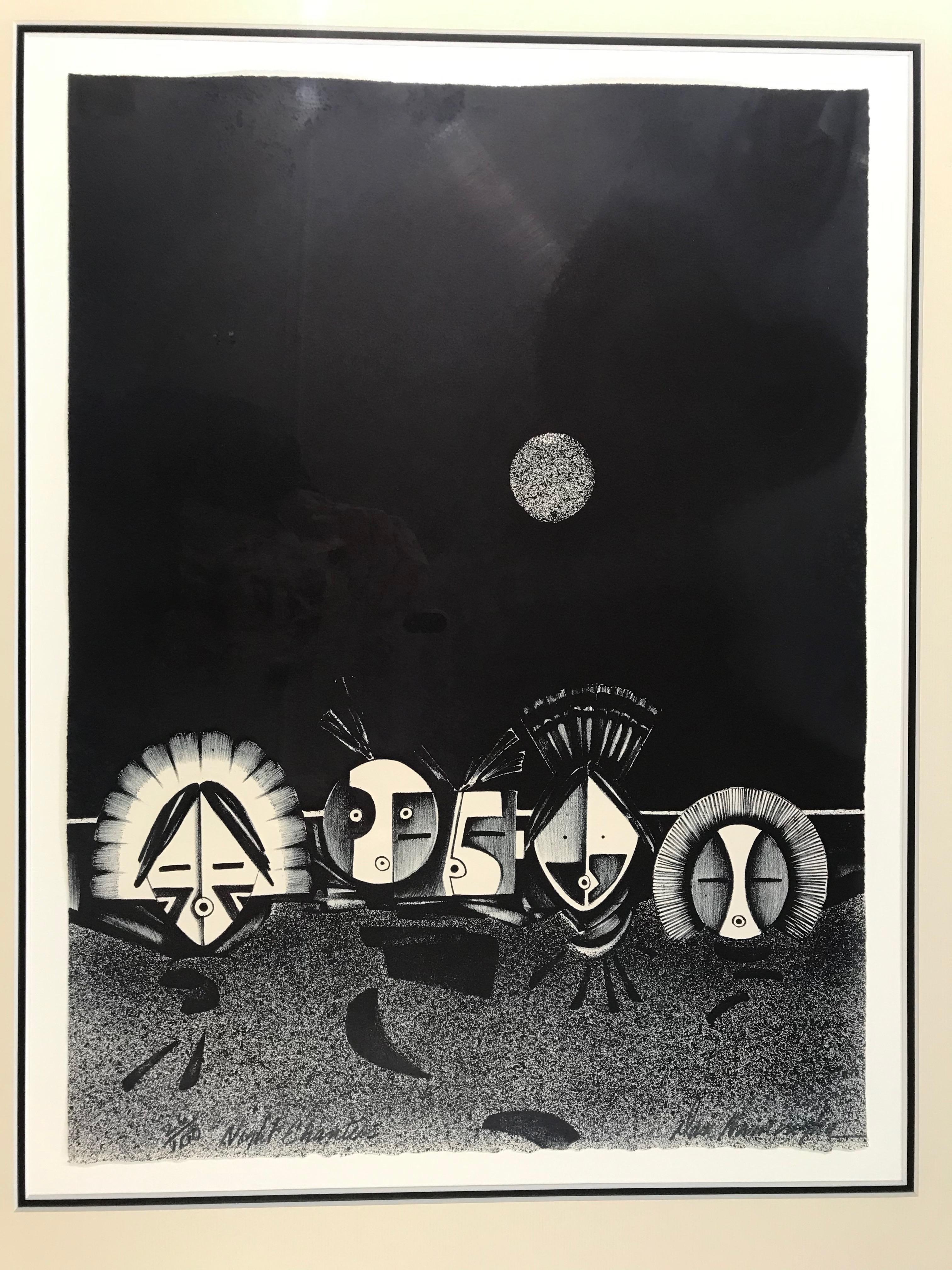 Night Chanters, lithographie encadrée en noir et blanc, kachina, édition limitée - Print de Dan Namingha