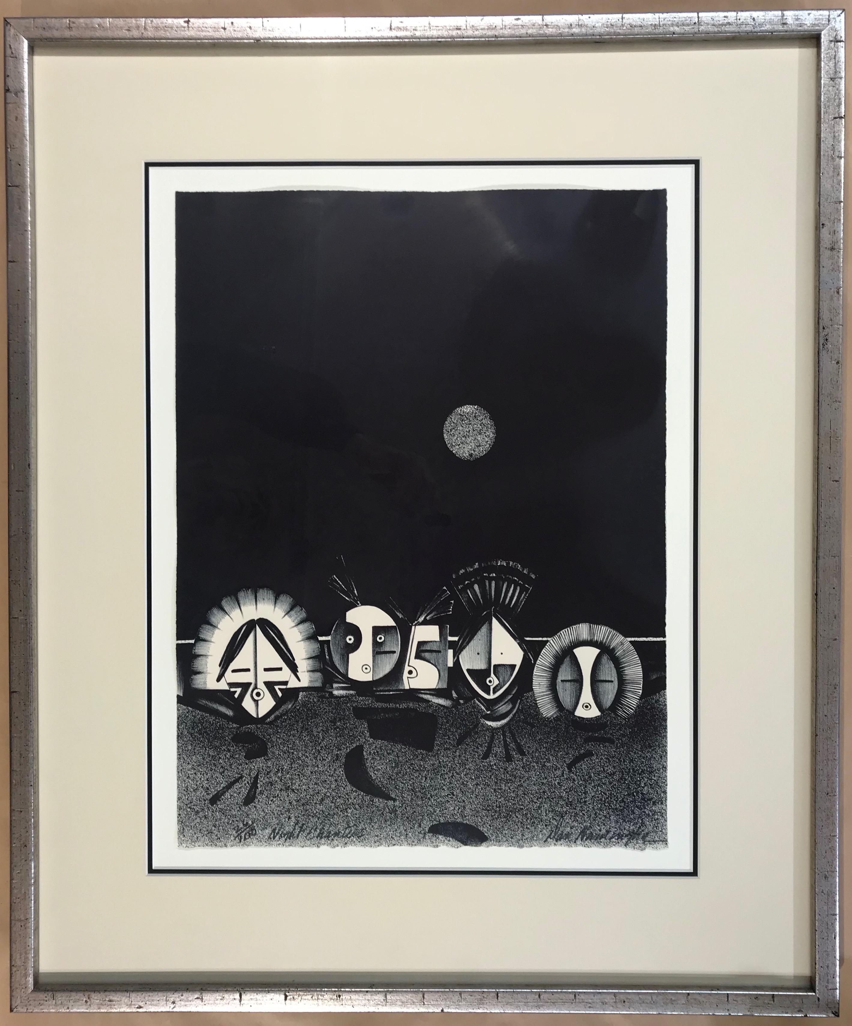 Dan Namingha Figurative Print - Night Chanters, black and white framed lithograph, kachina, limited edition