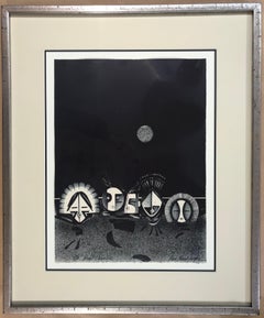 Night Chanters, black and white framed lithograph, kachina, limited edition