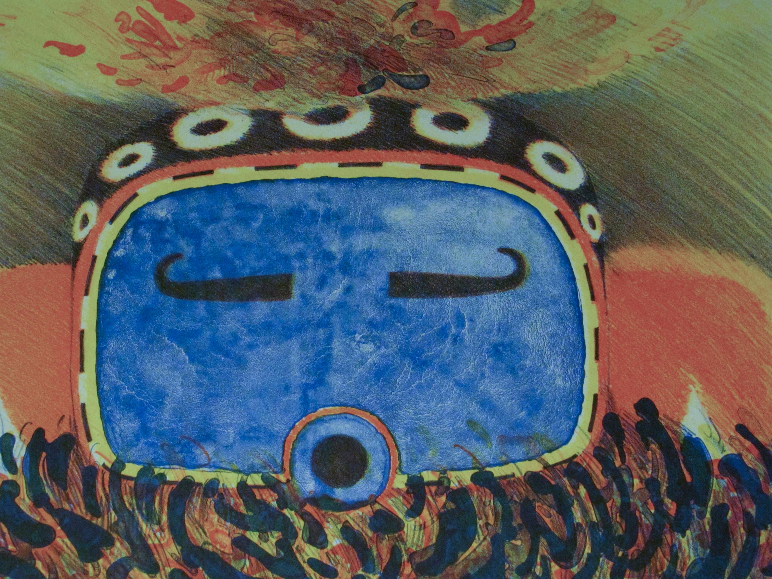 Kachina en corne mouchetée, Dan Namingha, lithographie, Hopi, kachina, bleu, orange  en vente 1