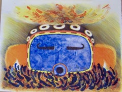 Vintage Speckled Corn Kachina, Dan Namingha, lithograph, Hopi, kachina, blue, orange 
