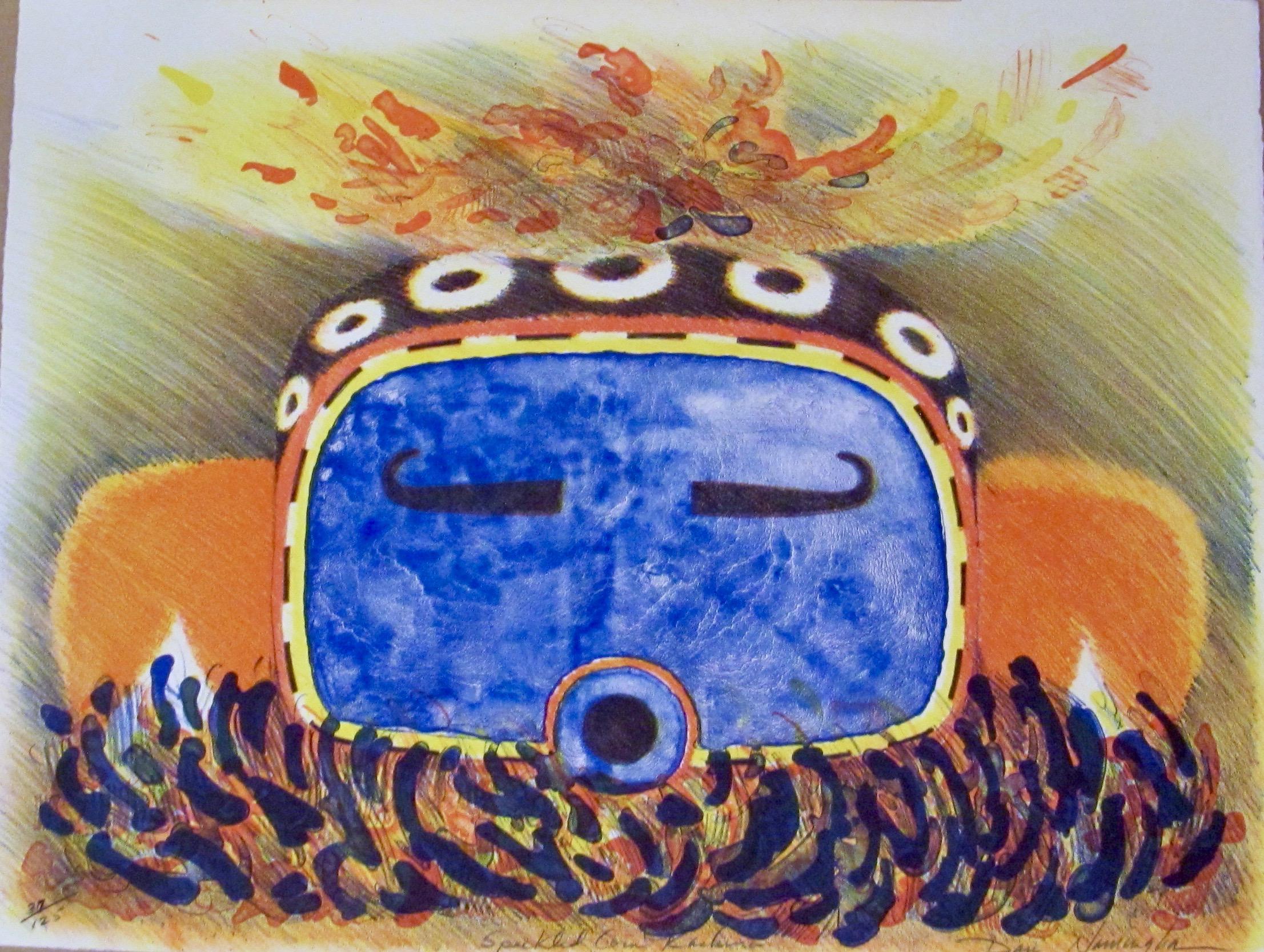 Speckled Corn Kachina, Dan Namingha, lithographie, Hopi, kachina, bleu, orange. 

lithographie en édition limitée tirée à la main
signé et numéroté par l'artiste

Glenn Green Galleries présente également des peintures, des gravures et des sculptures