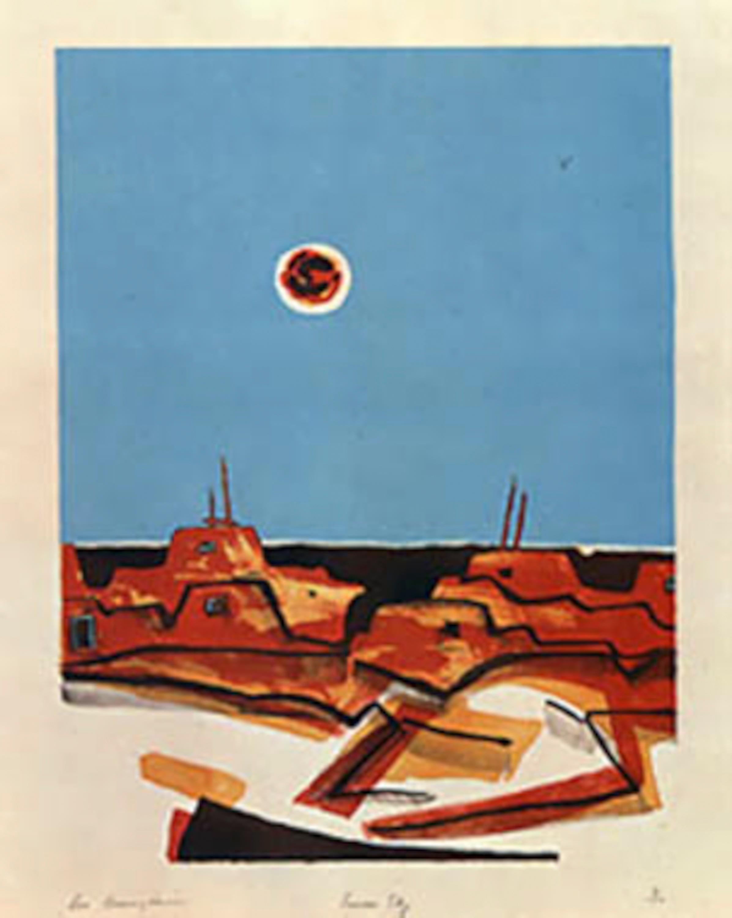 Summer Sky, limited edition lithograph, landscape, desert, turquoise, orange - Print by Dan Namingha