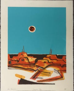 Cielo estivo, litografia in edizione limitata, paesaggio, deserto, turchese, arancione