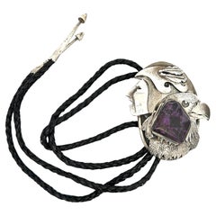 Dan Nieto Sterling Silver Purple Charoite Native Warrior & Eagle Large Bolo Tie