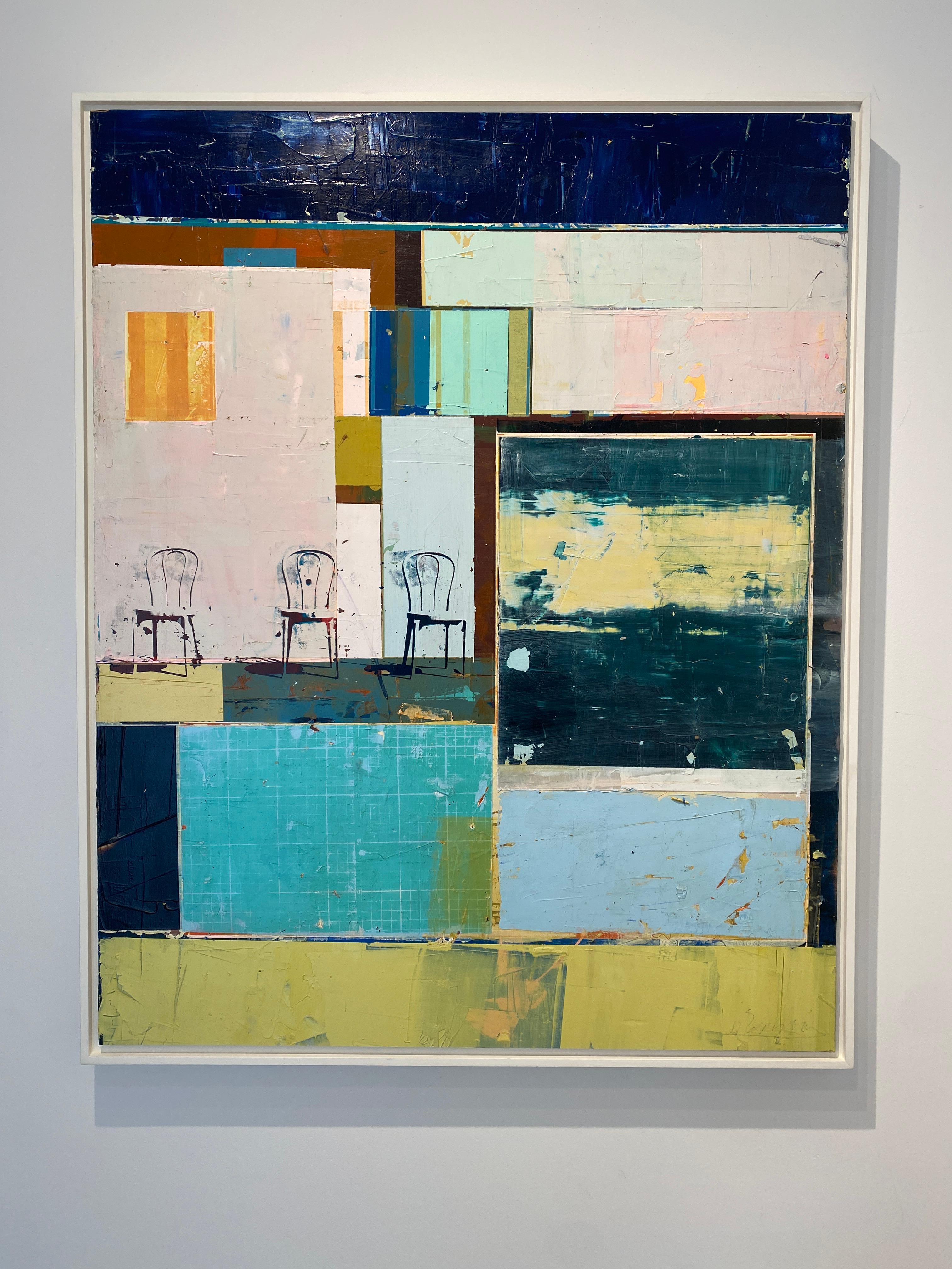 A Time and a Place - Pittura a tecnica mista con geometria, texture e sedie - Painting di Dan Parry-Jones