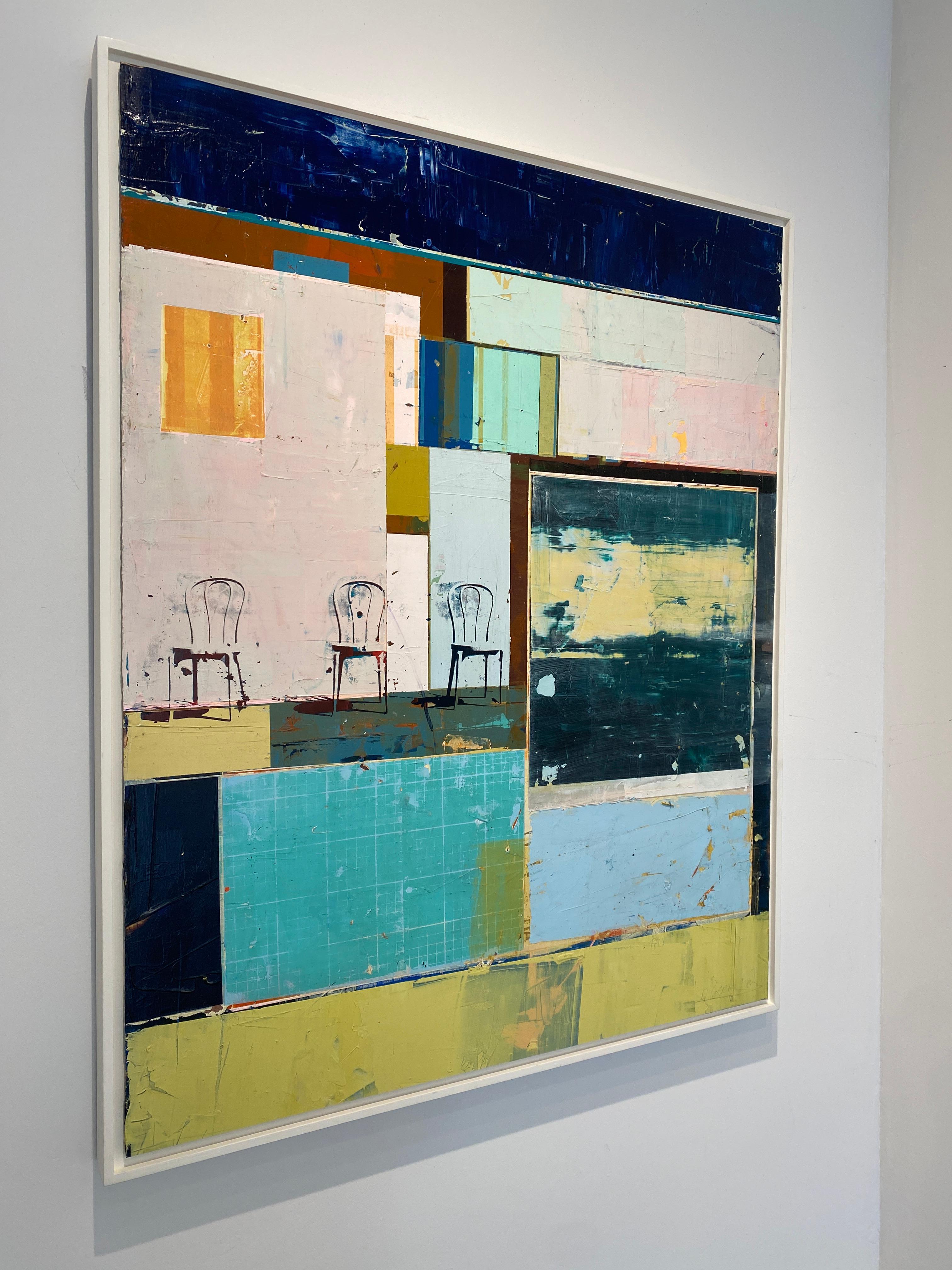 A Time and a Place - Pittura a tecnica mista con geometria, texture e sedie - Painting Contemporaneo di Dan Parry-Jones