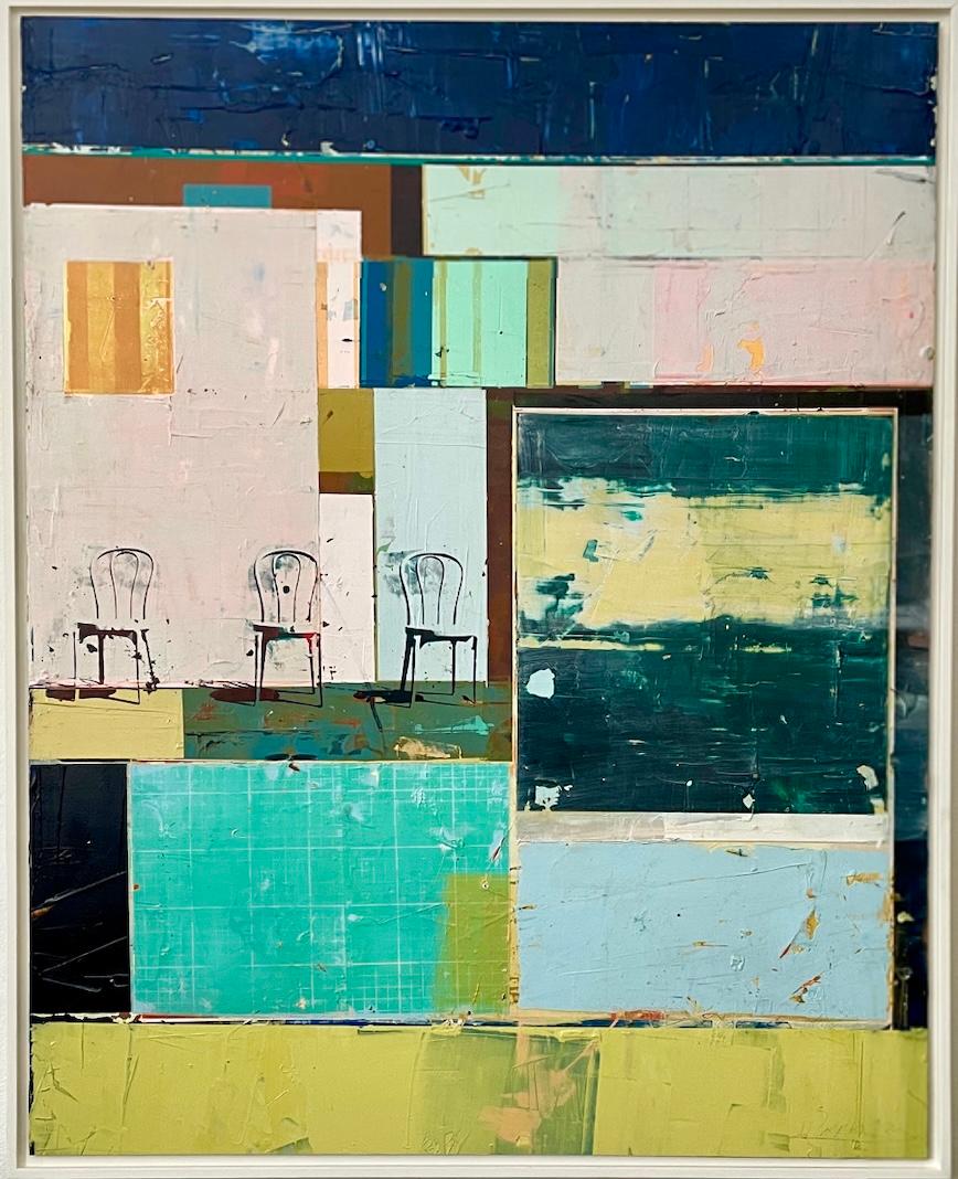 A Time and a Place - Pittura a tecnica mista con geometria, texture e sedie
