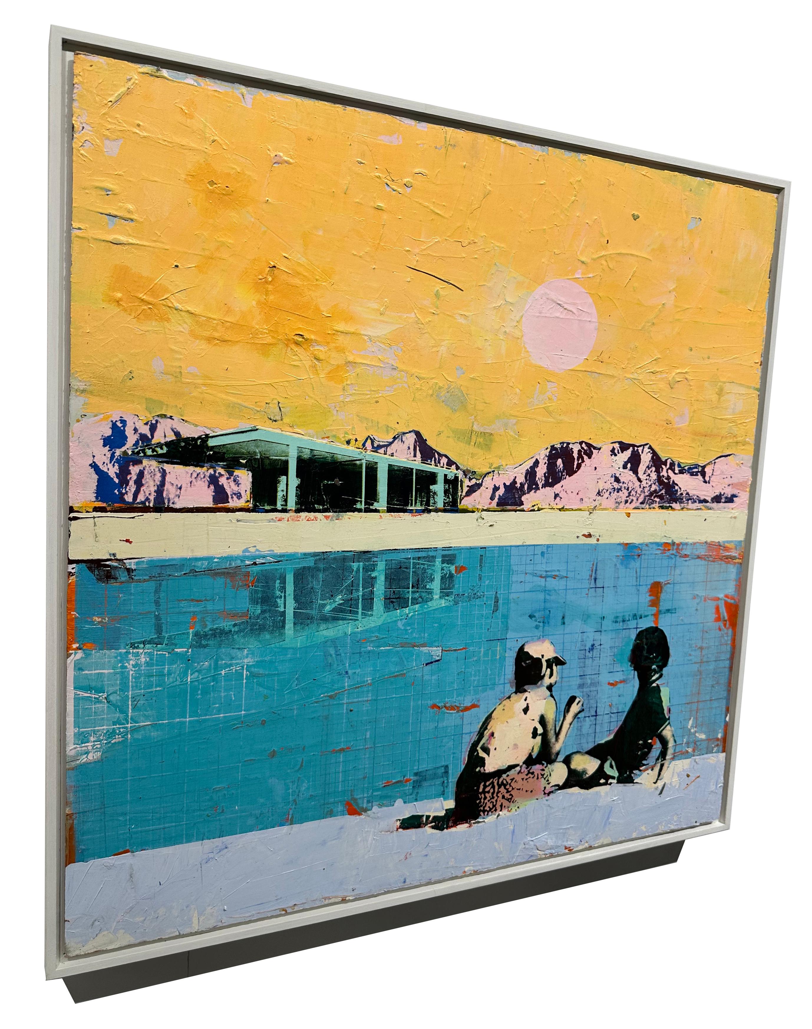 Across the Pool - Painting of two children next to swimming pool and mountains - Landscape Painting Beige di Dan Parry-Jones