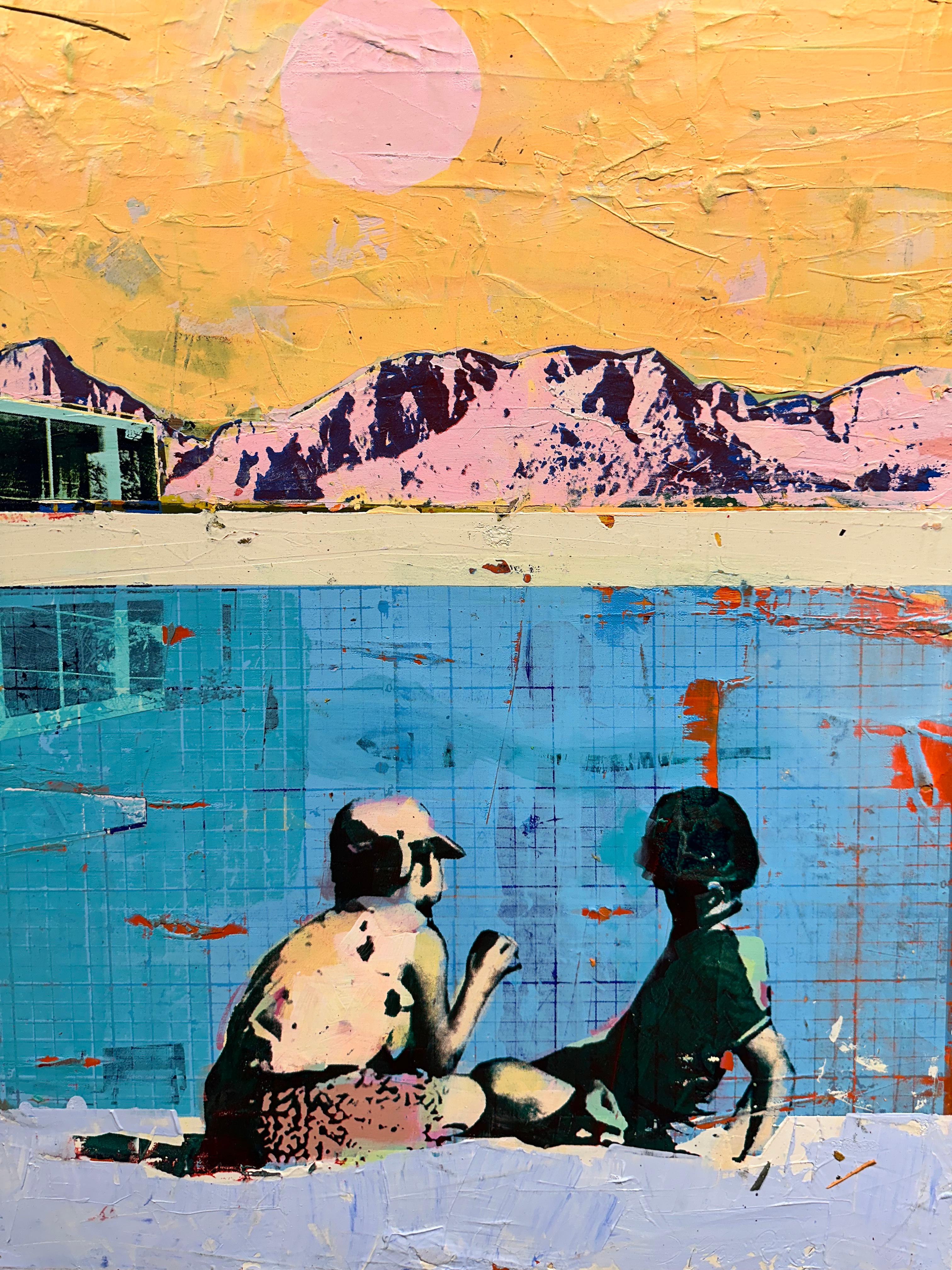 Across the Pool - Painting of two children next to swimming pool and mountains in vendita 1