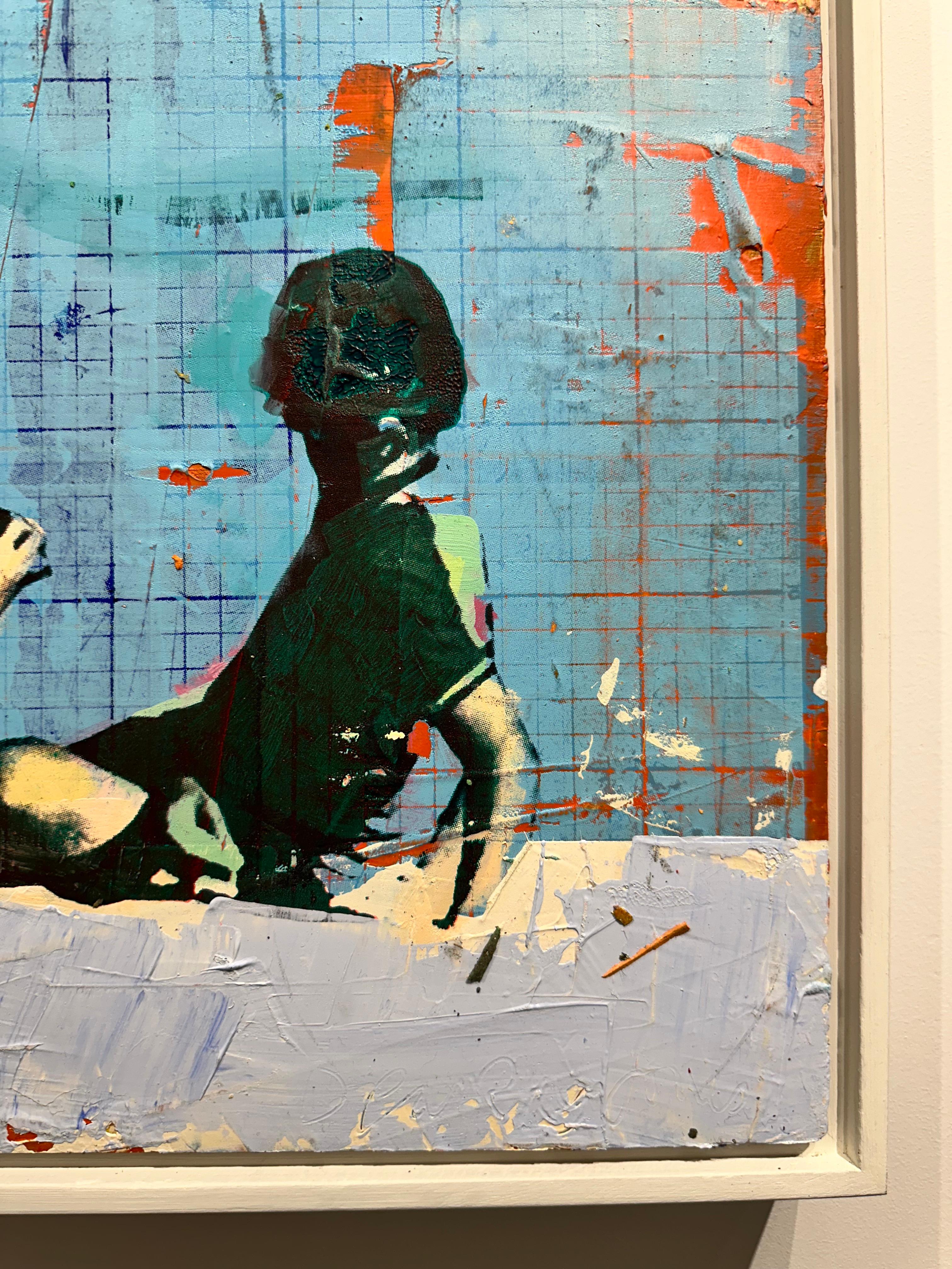 Across the Pool - Painting of two children next to swimming pool and mountains in vendita 2
