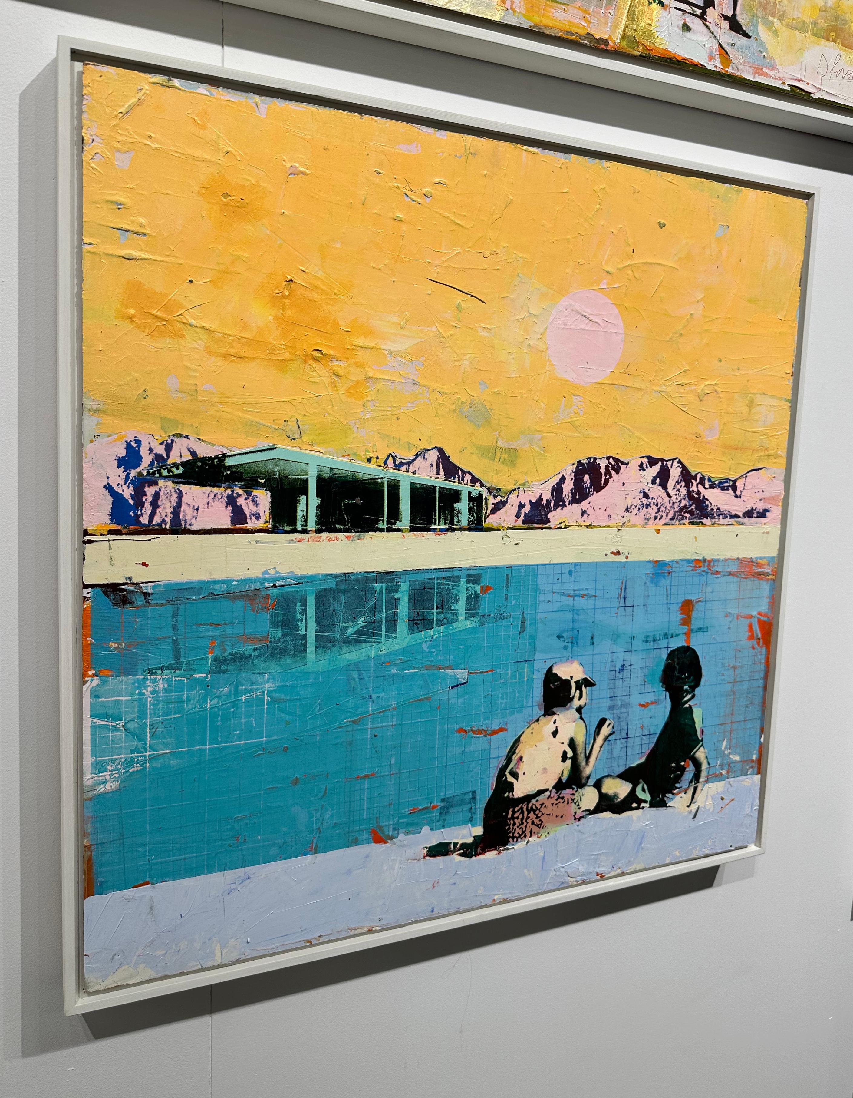 Across the Pool - Painting of two children next to swimming pool and mountains in vendita 3