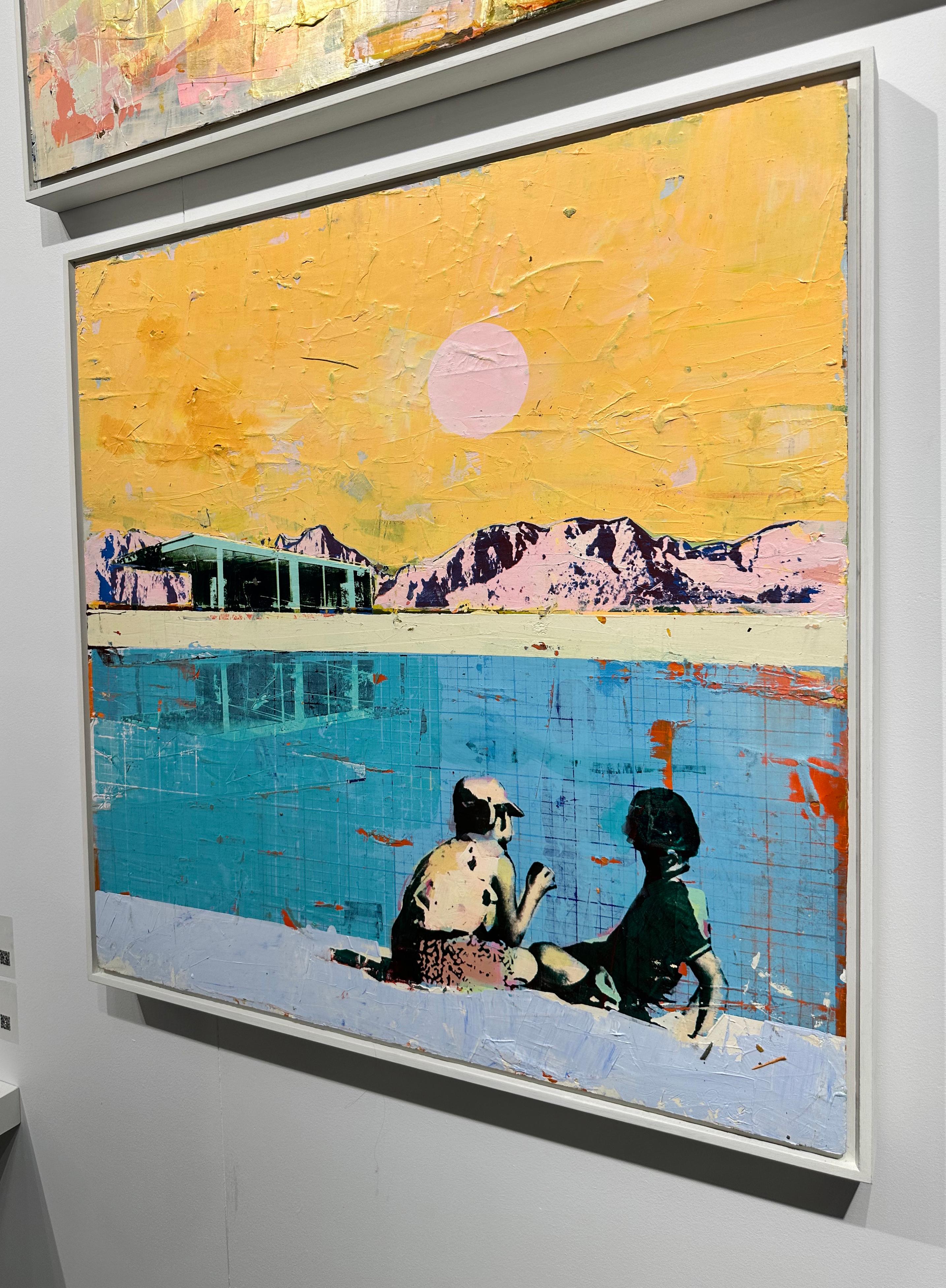 Across the Pool - Painting of two children next to swimming pool and mountains in vendita 4
