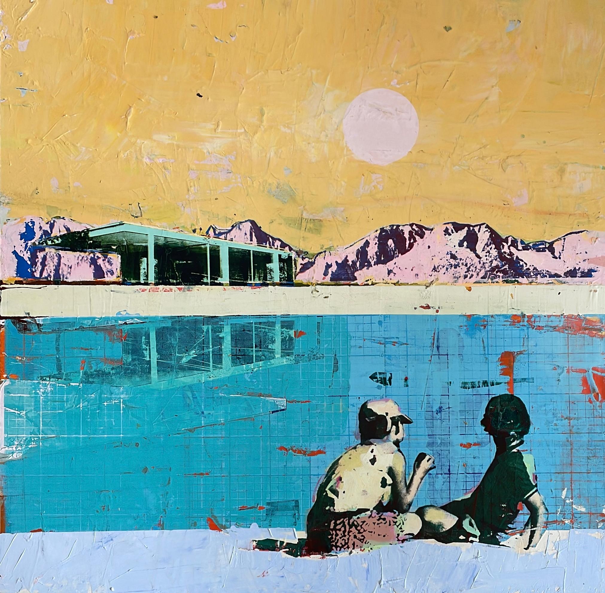 Across the Pool - Painting of two children next to swimming pool and mountains
