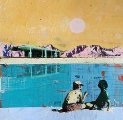 Across the Pool - Painting of two children next to swimming pool and mountains