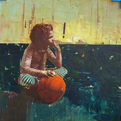 Basketball Girl - Acrylic and mixed media on board, white custom float frame