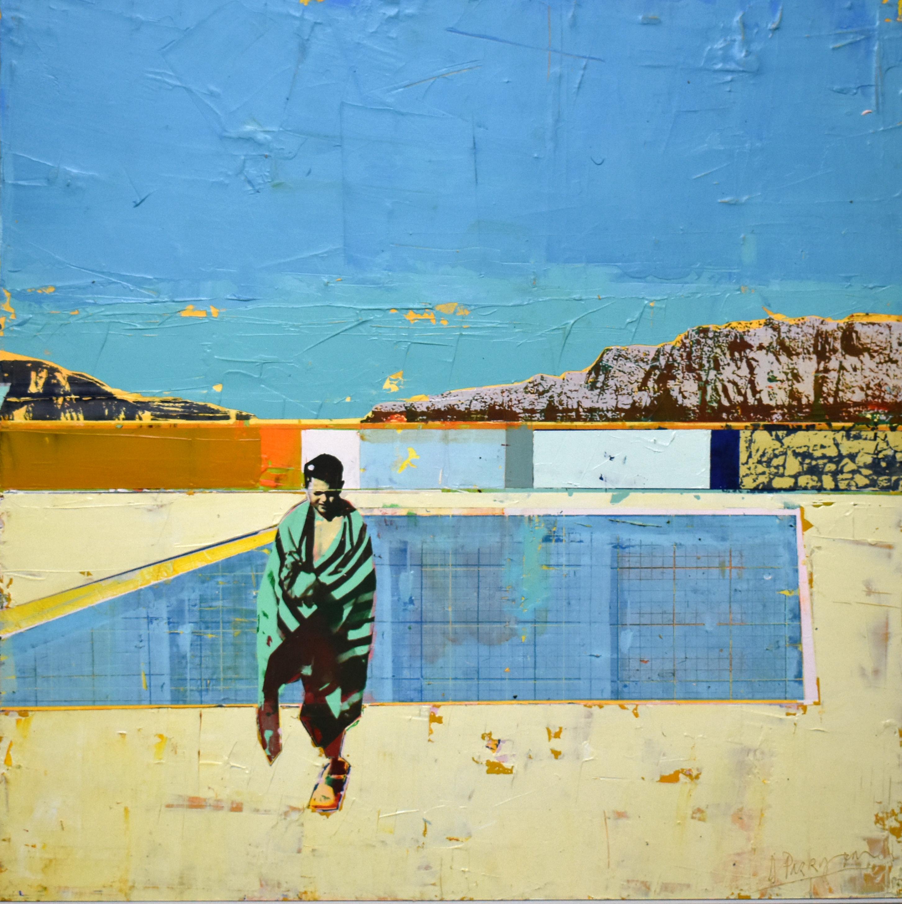 Dan Parry-Jones Figurative Painting - "Beach Pool" Acrylic and mixed media on board, white float frame 