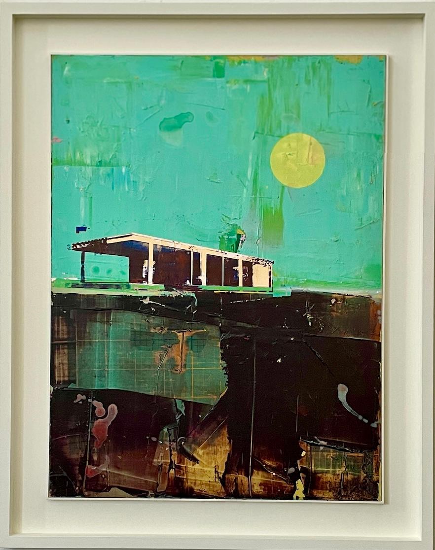 Cabine con cielo turchese - Quadro strutturato di una casa in stile Frank Lloyd Wright - Painting di Dan Parry-Jones